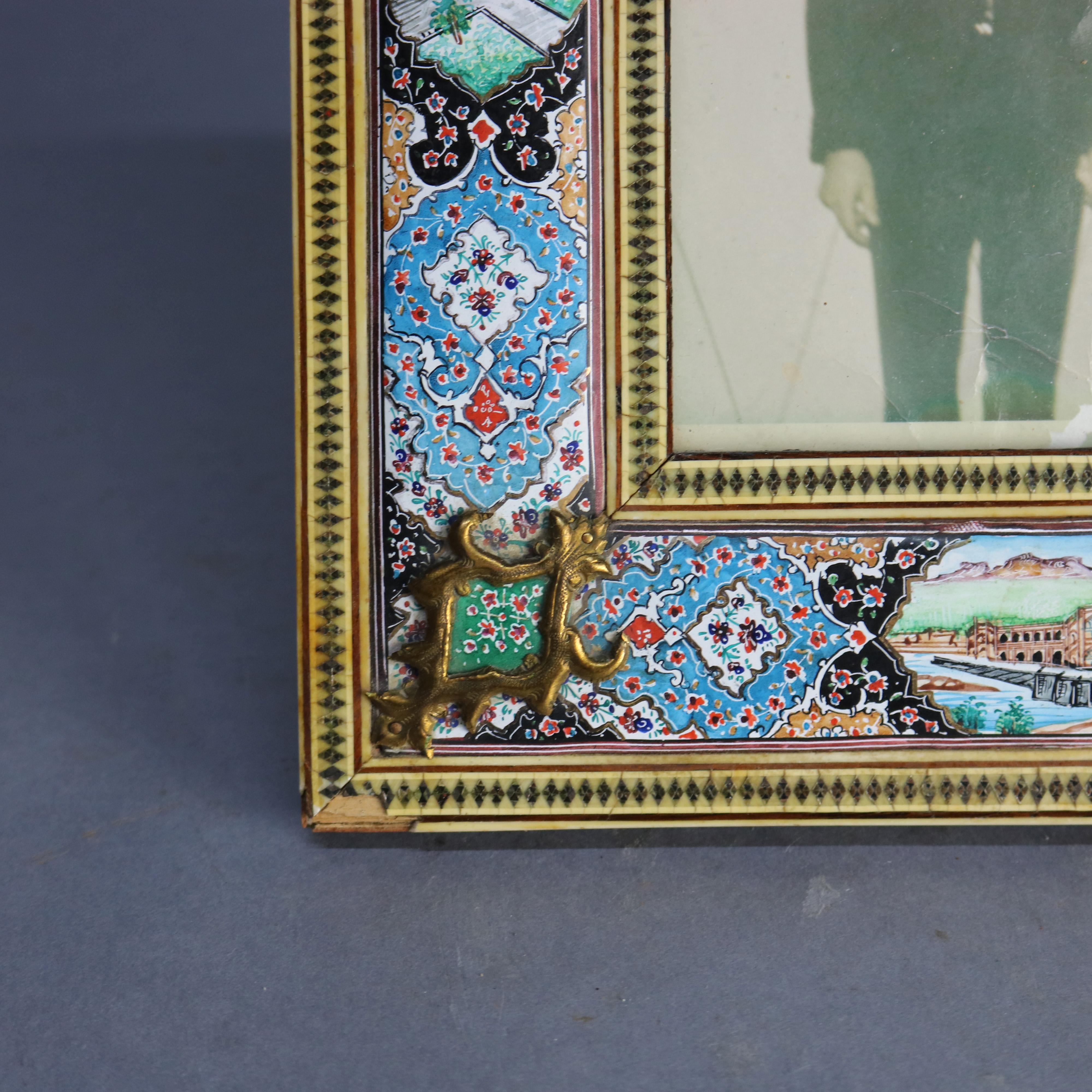 Antique Persian Pictorial Enamel on Copper Picture Frame, 19th Century In Good Condition In Big Flats, NY