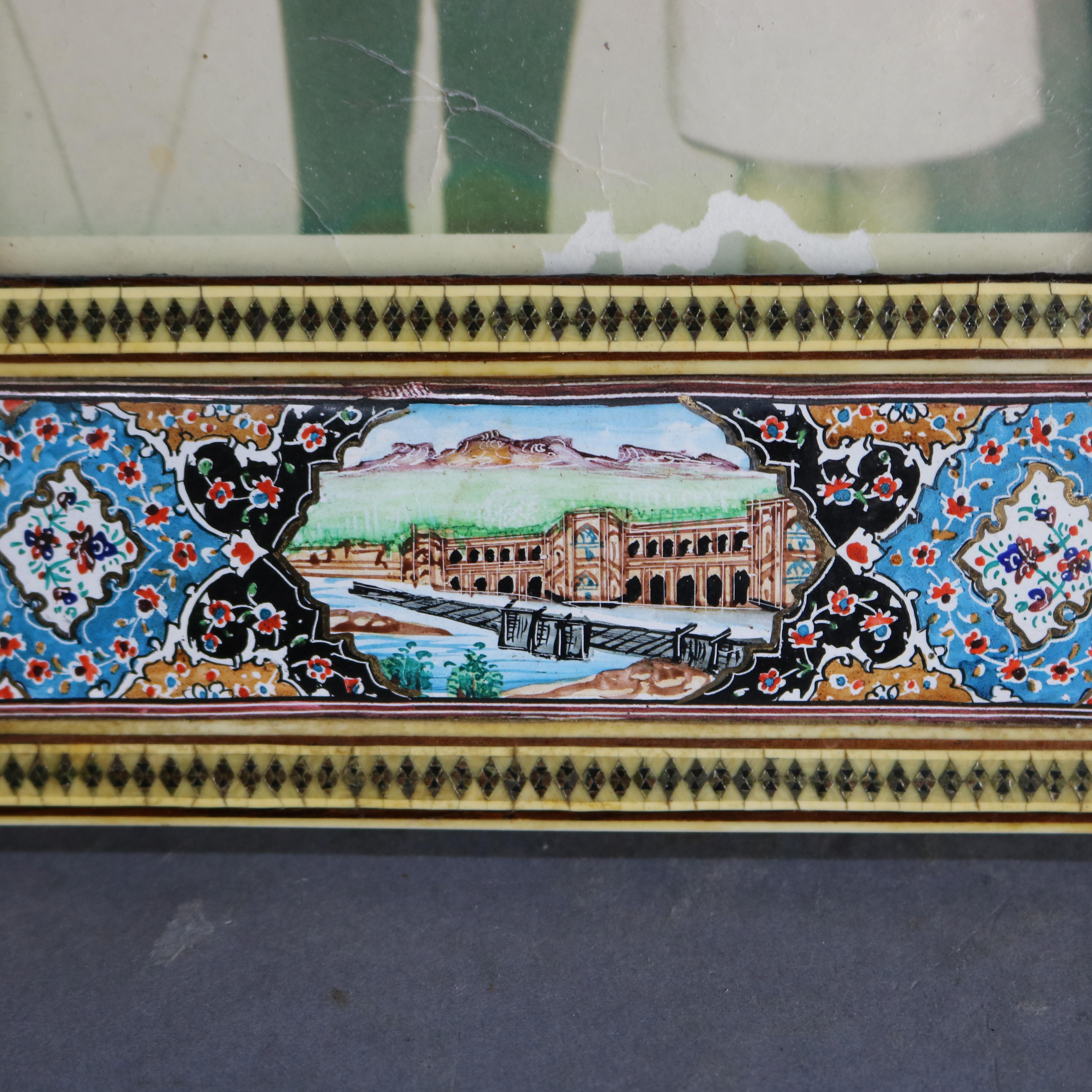 Metal Antique Persian Pictorial Enamel on Copper Picture Frame, 19th Century