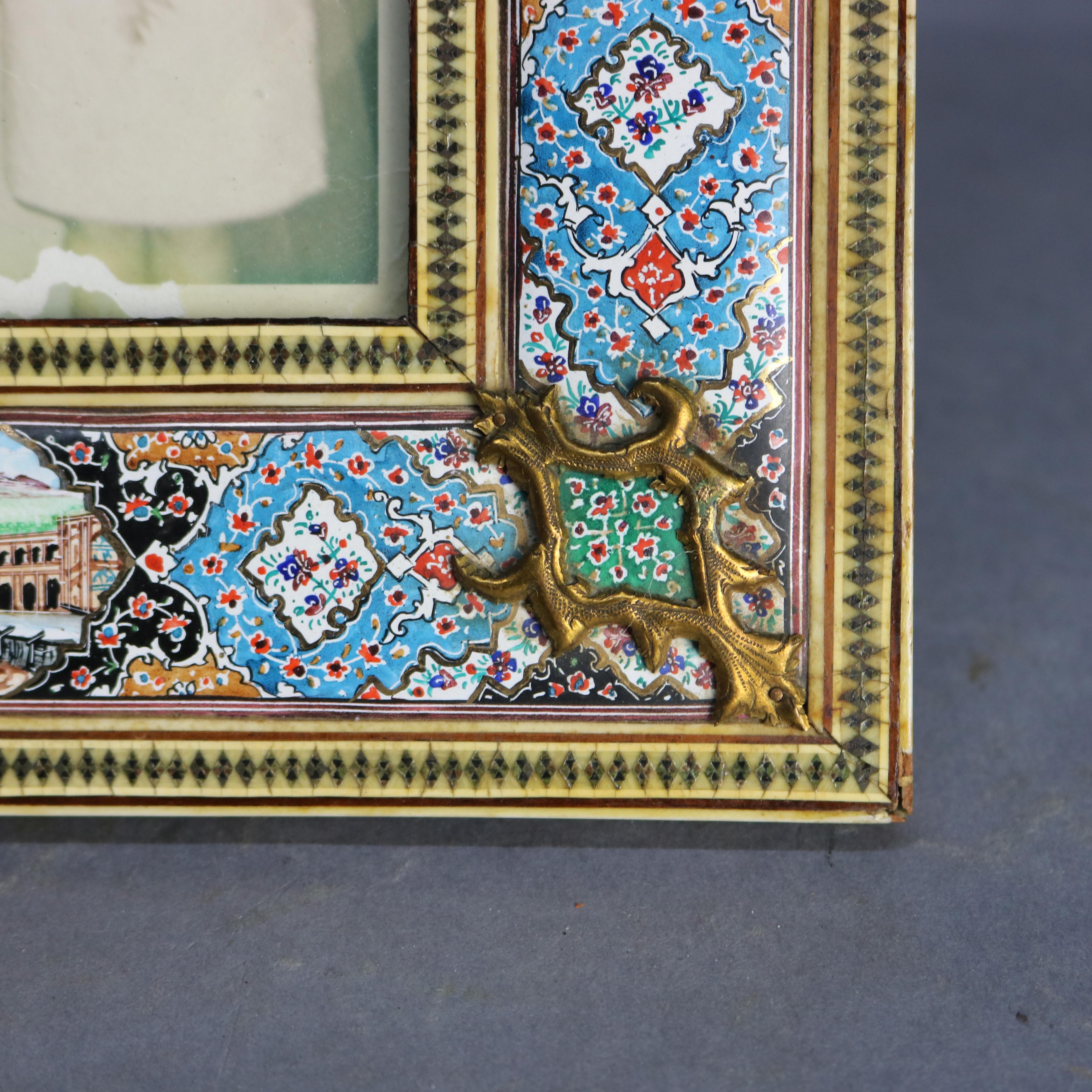 Antique Persian Pictorial Enamel on Copper Picture Frame, 19th Century 1