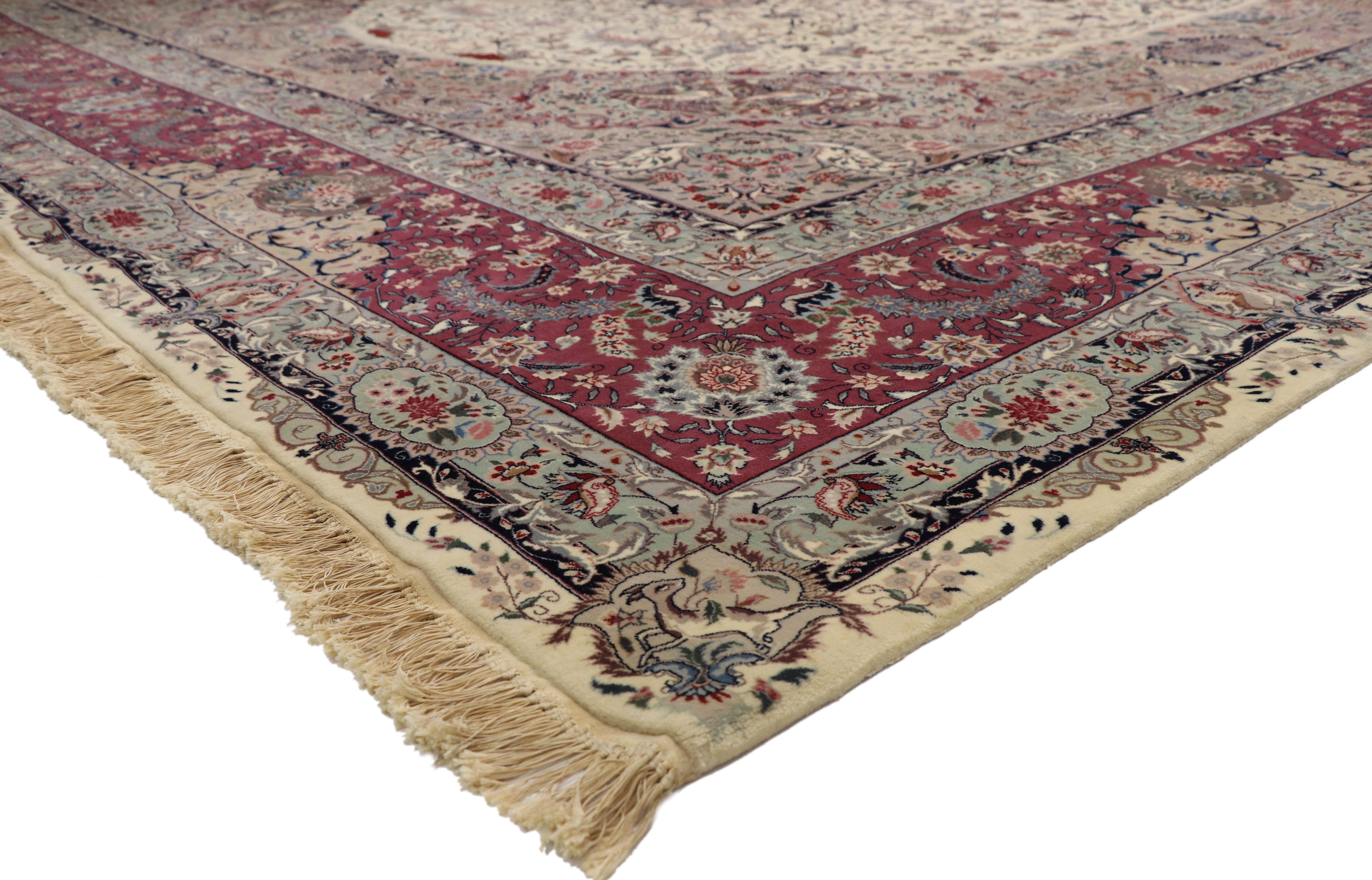 77360 Oversized Antique Persian Tabriz Rug, 11'11 x 17'08. 
Bridgerton style meets Rococo and French Romanticism in this oversized antique Persian Tabriz rug. The high decorative design and dreamy color palette woven into this piece work together