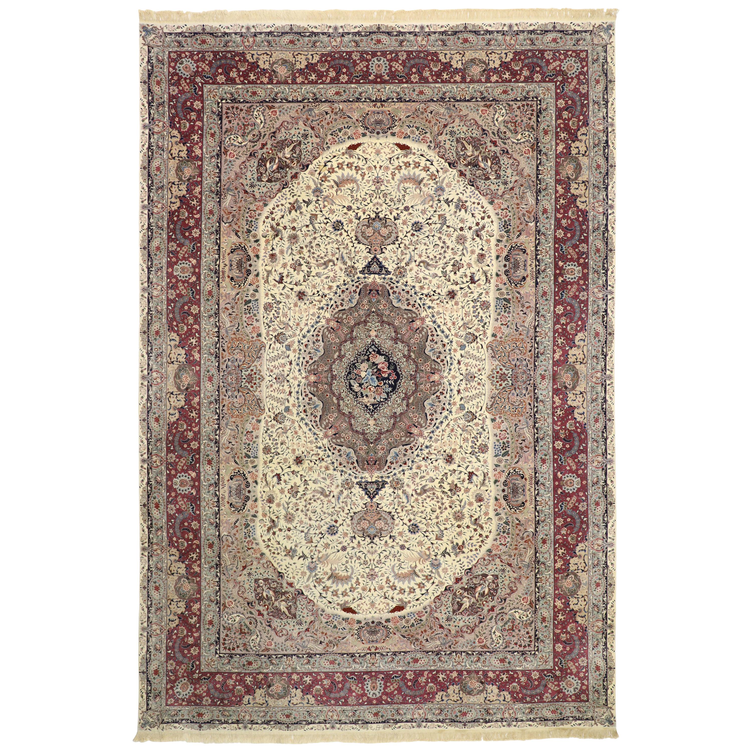 Oversized Antique Persian Tabriz Rug, Bridgerton Style Meets Rococo For Sale