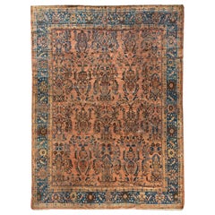 Antique Persian Pink Rose Light Blue Floral Mahal Ziegler Rug