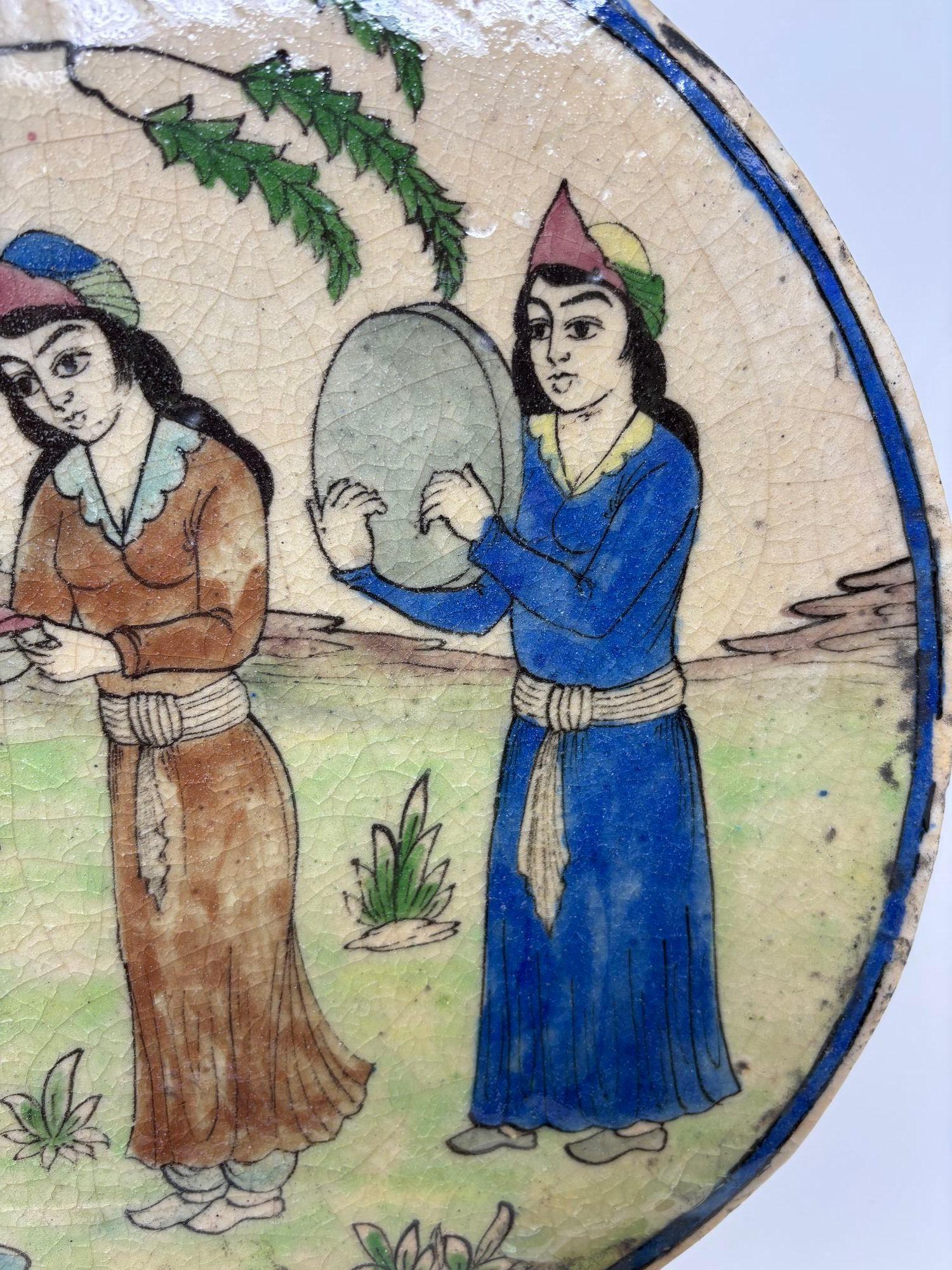 Ceramic Antique Persian Qajar Circular Decorative Tile For Sale