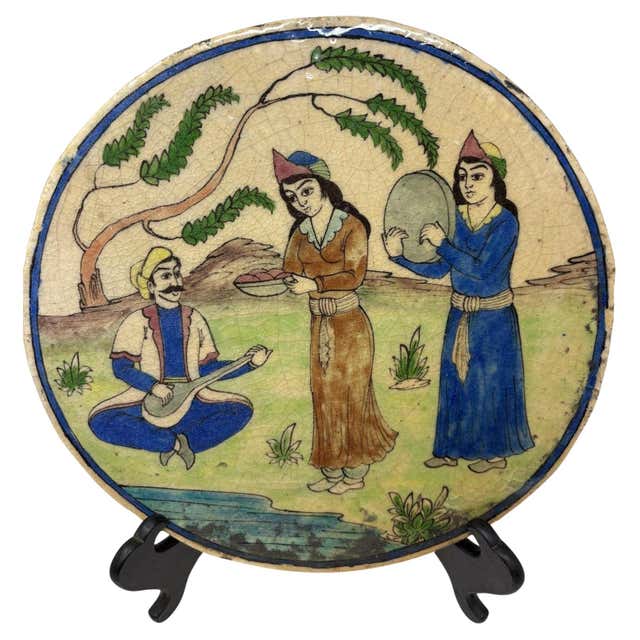 Antique Persian Iznik Qajar Style Ceramic Pottery Oval Tile Dancing antique-persian-iznik-qajar-style-ceramic-pottery-oval-tile-dancing