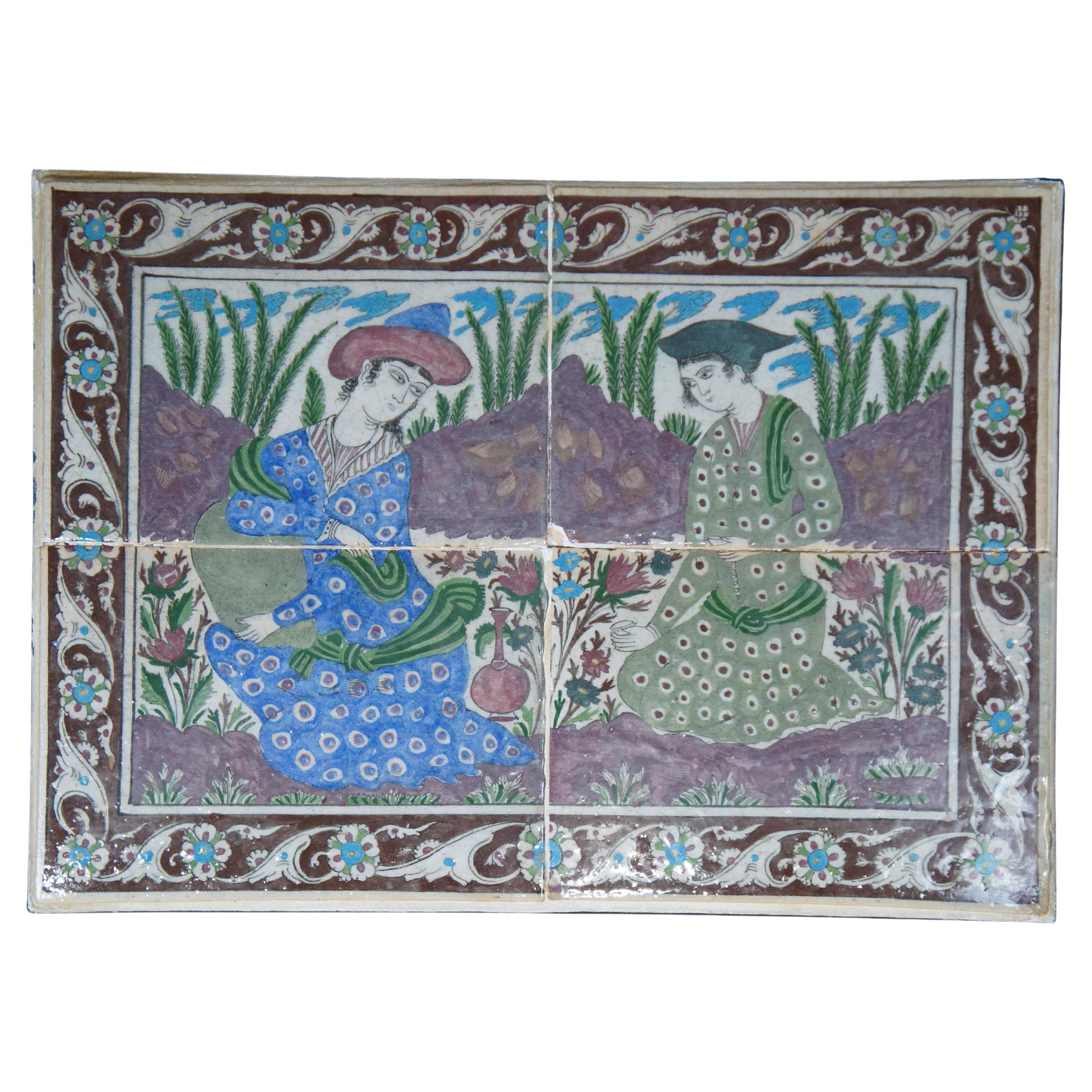 Panel de azulejos de mosaico de cerámica policromada de la dinastía persa Qajar 26" enmarcado