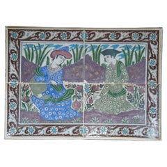 Antique Persian Qajar Dynasty Ceramic Polychrome Framed Mosaic Tile Panel 26"