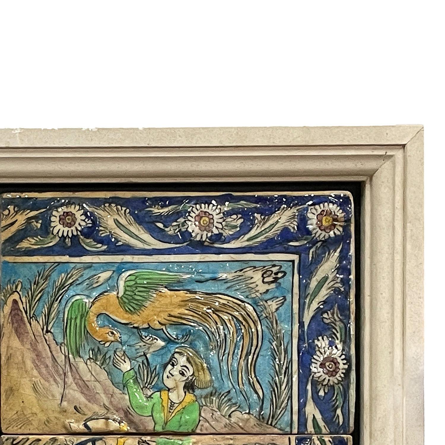 Panneau de mosaïque Iznik Qajar persan ancien Groupe à cheval Scène de chasse 1880 en vente 2