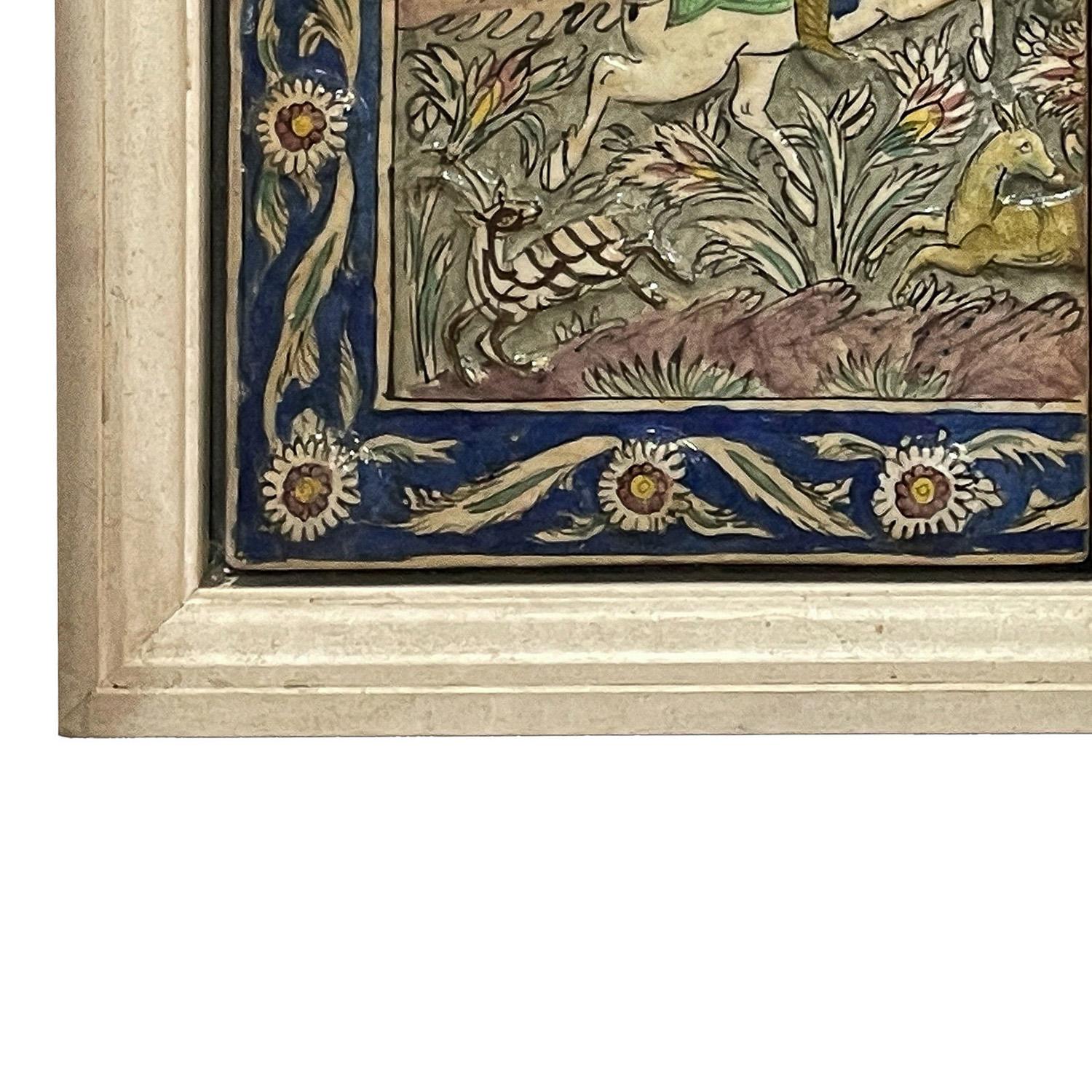 Panneau de mosaïque Iznik Qajar persan ancien Groupe à cheval Scène de chasse 1880 en vente 3