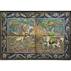 Antique Persian Qajar Iznik Mosaic Tile Panel Group Horseback Hunting Scene 1880