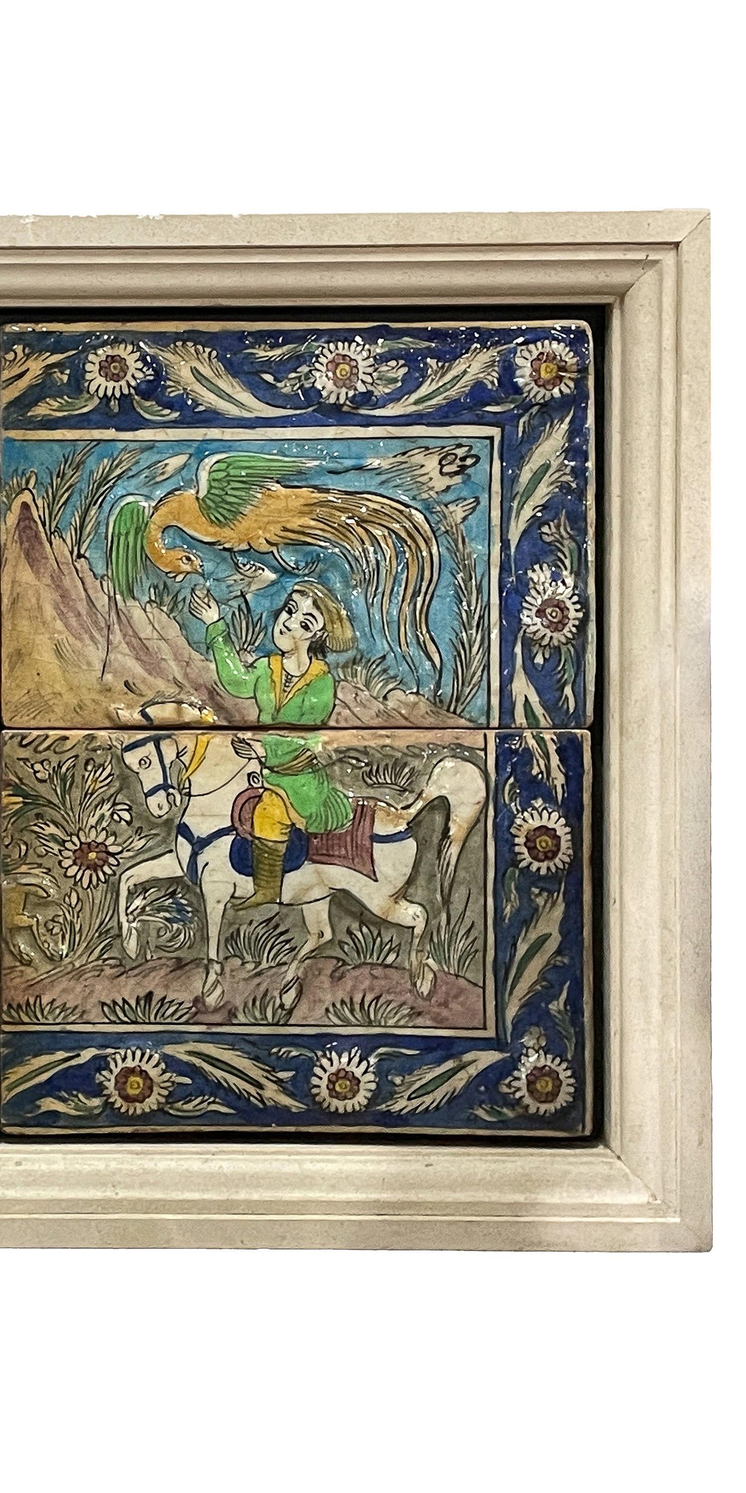Perse Panneau de mosaïque Iznik Qajar persan ancien Groupe �à cheval Scène de chasse 1880 en vente