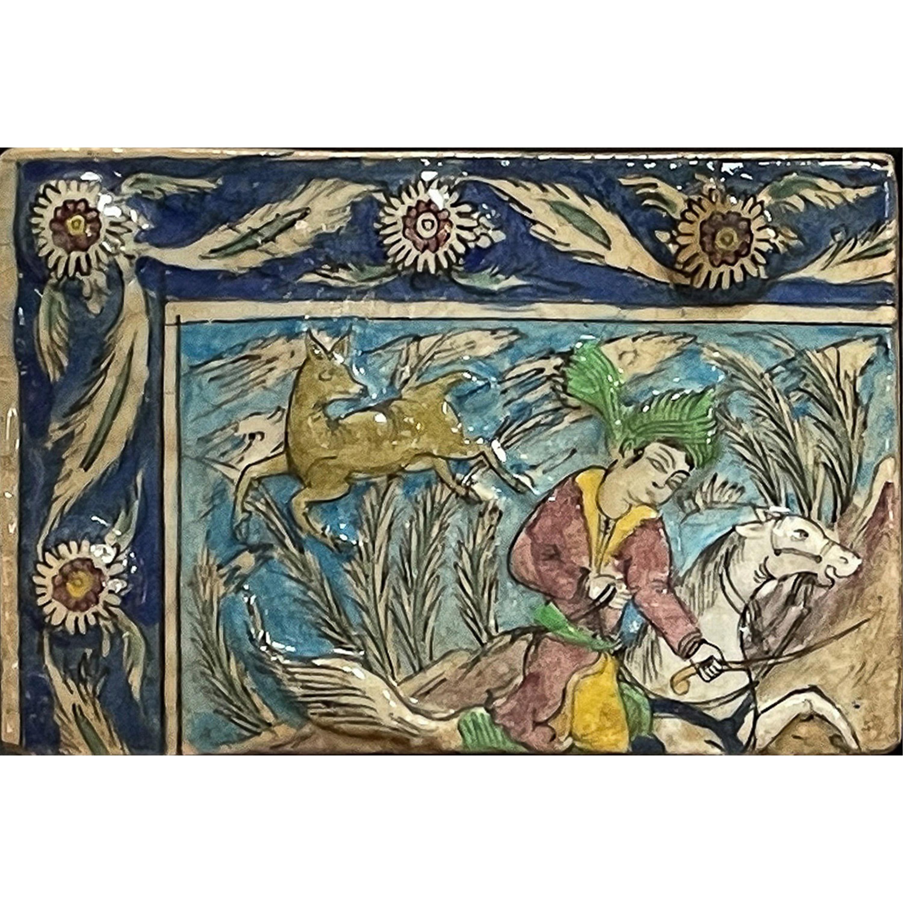 Vernissé Panneau de mosaïque Iznik Qajar persan ancien Groupe à cheval Scène de chasse 1880 en vente