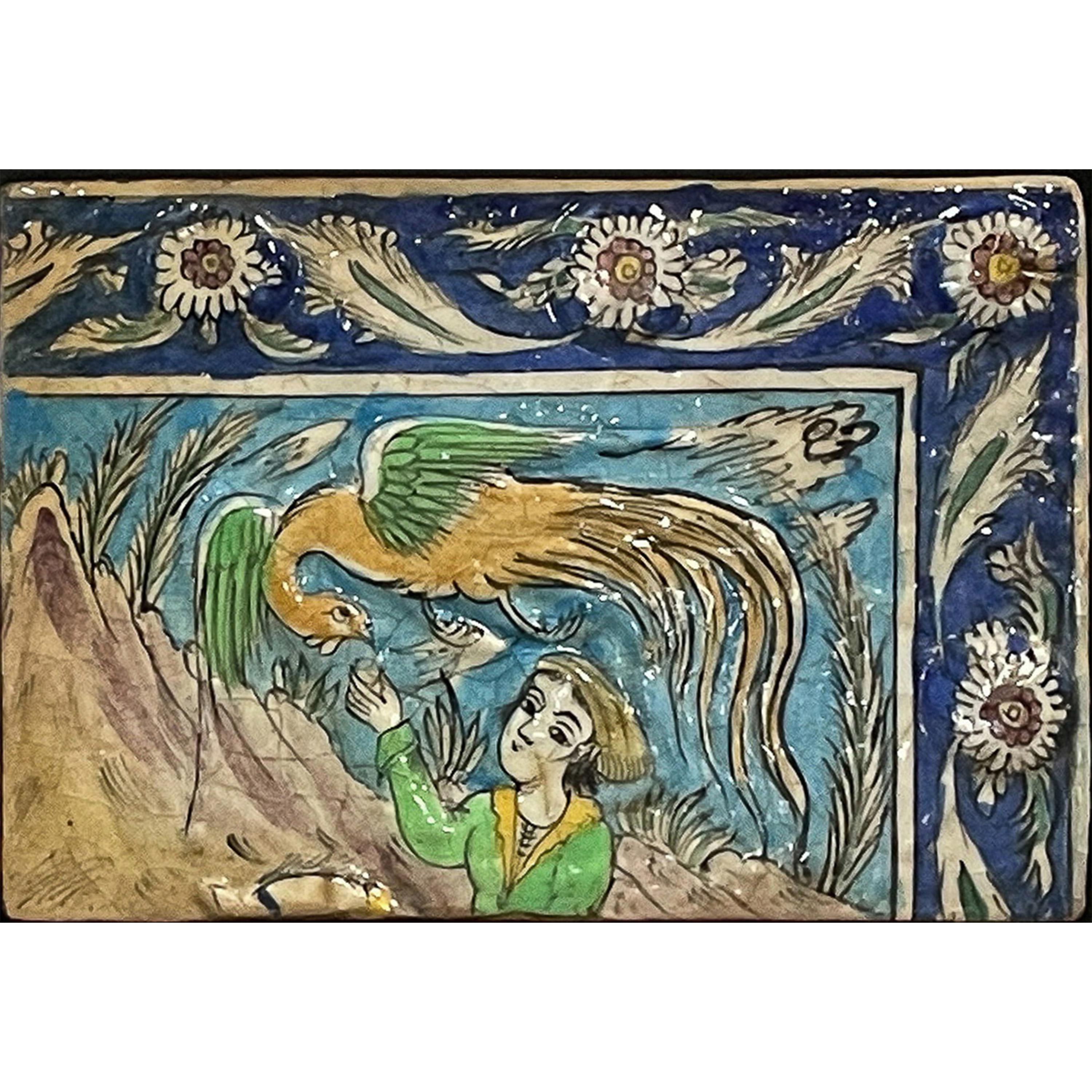 Panneau de mosaïque Iznik Qajar persan ancien Groupe à cheval Scène de chasse 1880 Bon état - En vente à Portland, OR