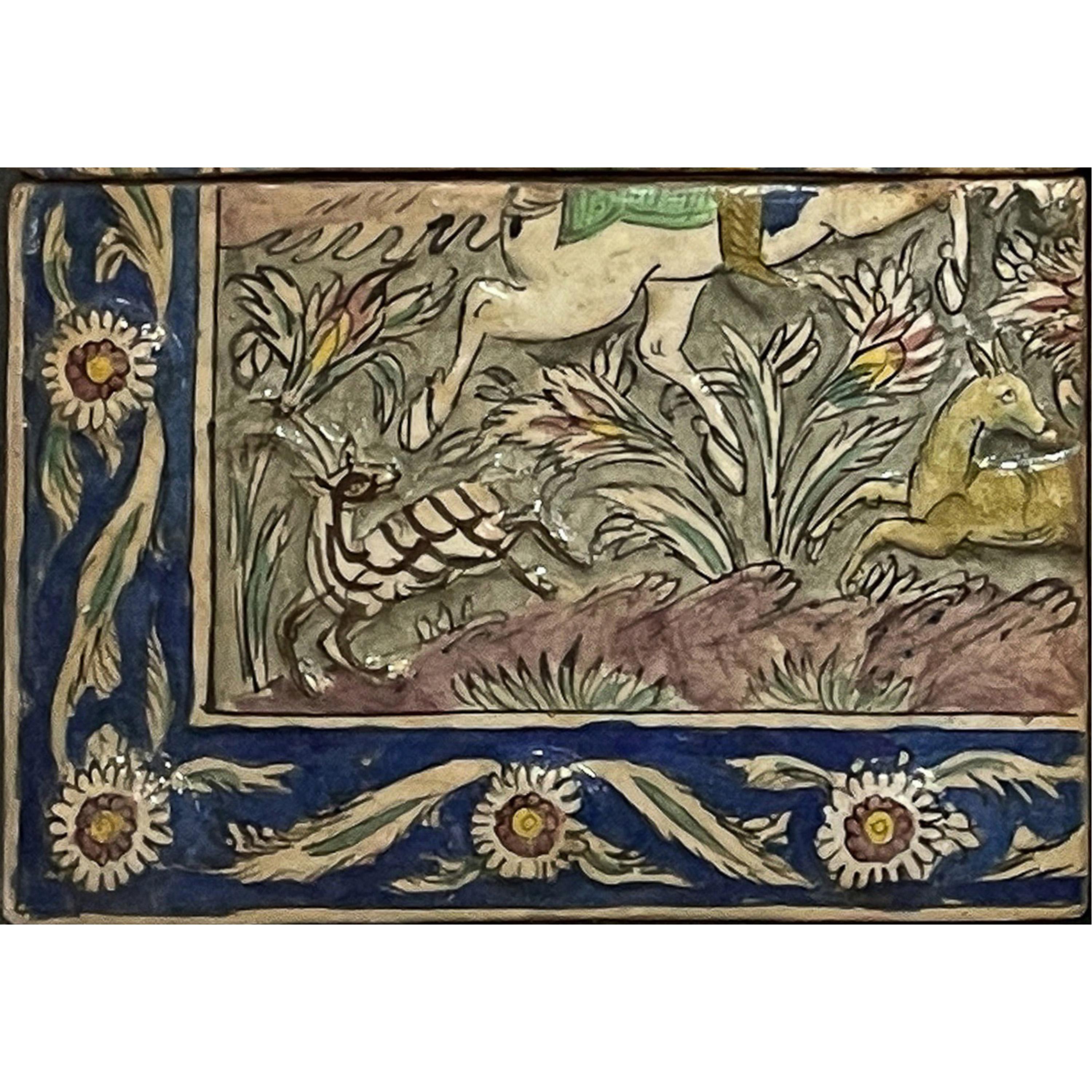 Fin du XIXe siècle Panneau de mosaïque Iznik Qajar persan ancien Groupe à cheval Scène de chasse 1880 en vente
