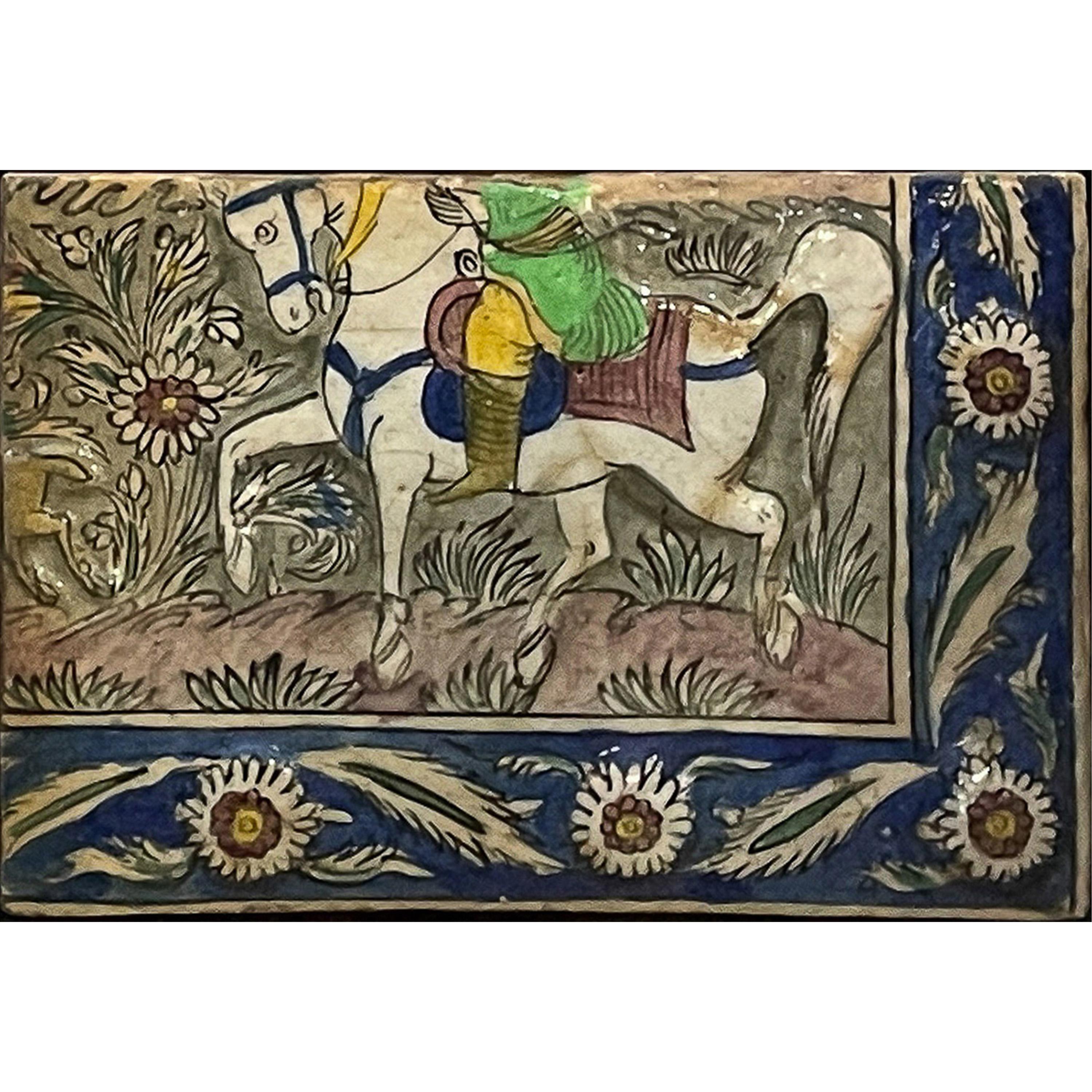Poteries Panneau de mosaïque Iznik Qajar persan ancien Groupe à cheval Scène de chasse 1880 en vente