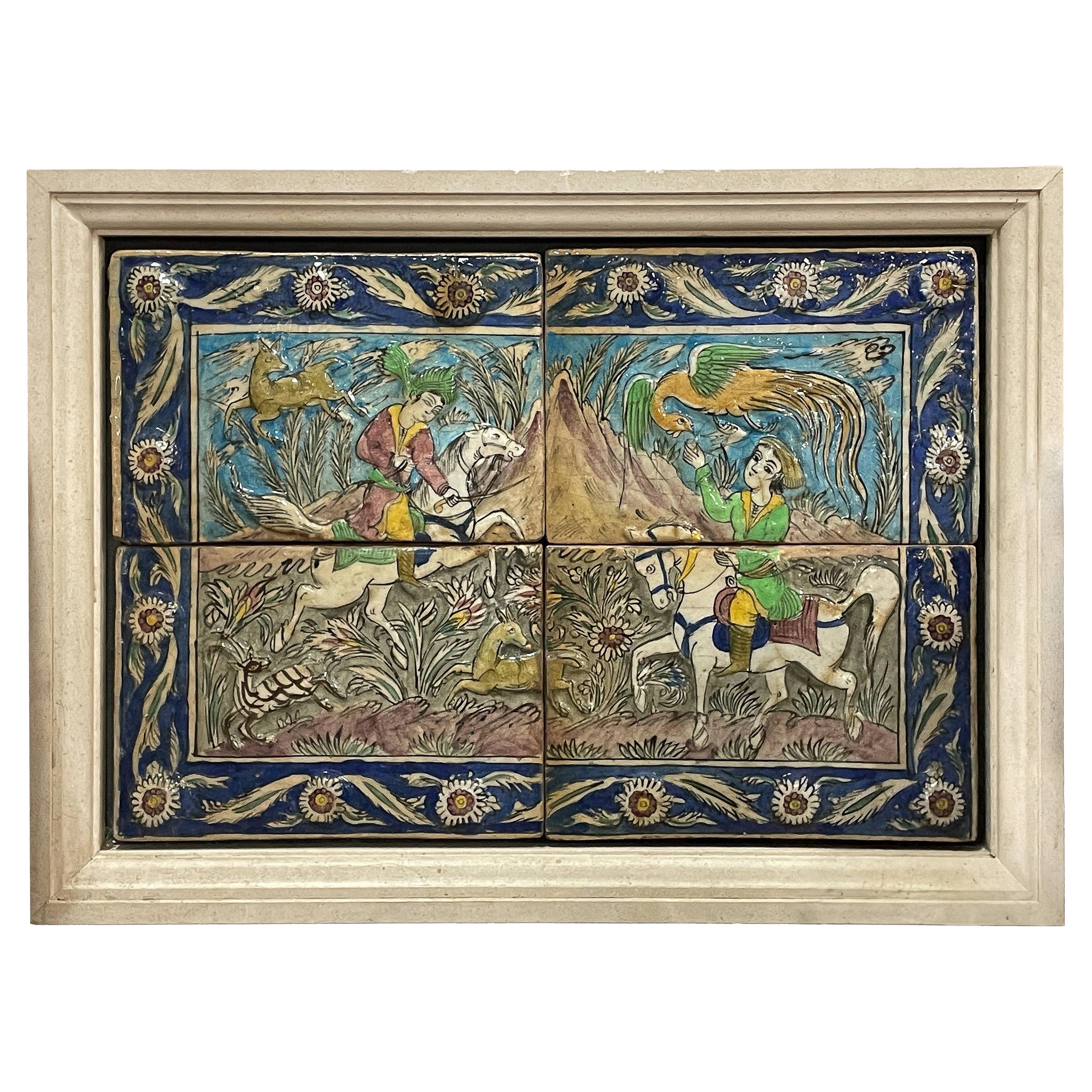 Antiguo panel de mosaico persa Qajar Iznik Grupo de azulejos Escena de caza a caballo 1880