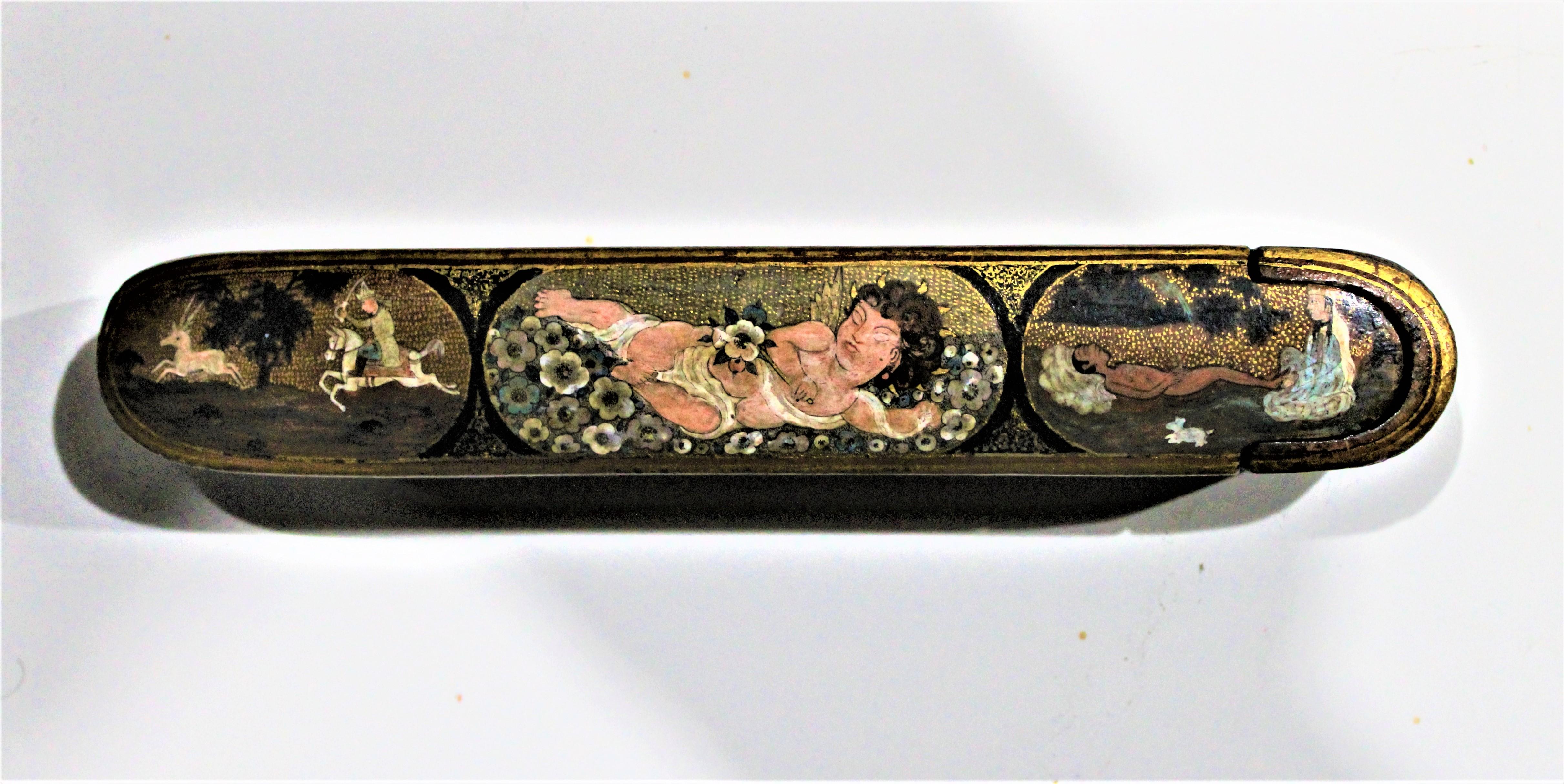 Dating from the early 19th century or Qajar period, this antique hand painted pen box is done in a series of bordered vignettes of Persian men and animals and a reclining Persian woman prominently displayed on the central panel of the top. The box
