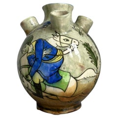 Antique Persian Qajar Vase, Hand-Painted Multicolored, Iran, 1850s