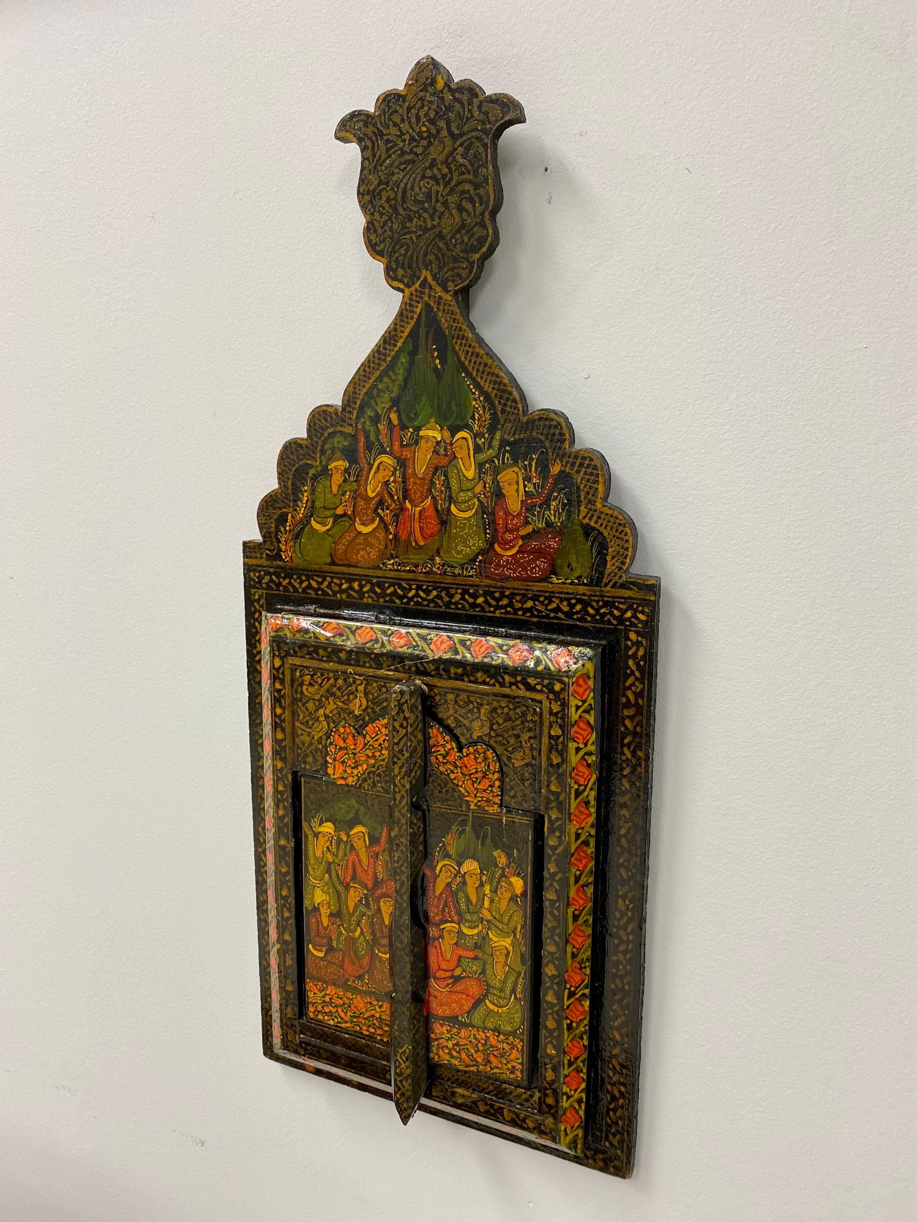 Hand-Painted Antique Persian Qajar Wall Mirror Hand Painted with Two Doors