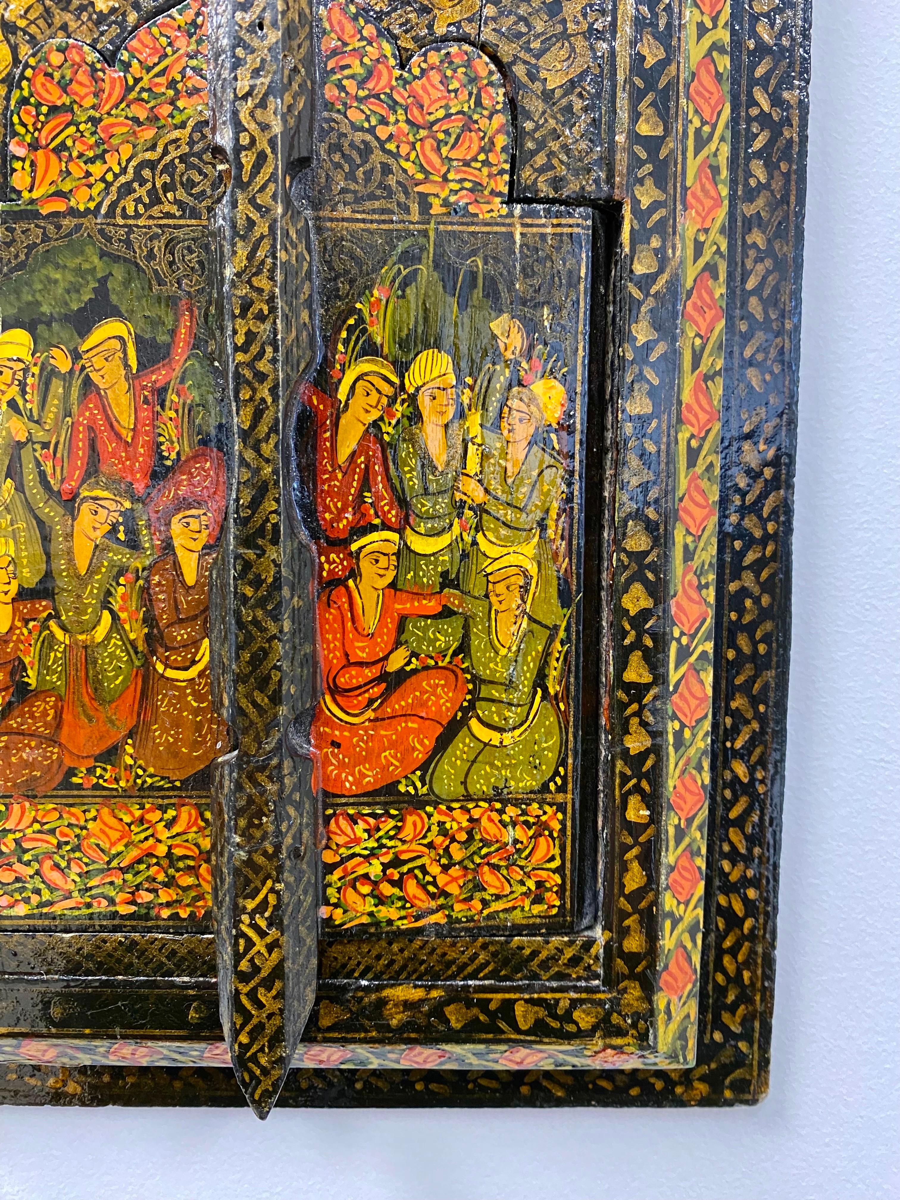 Antique Persian Qajar Wall Mirror Hand Painted with Two Doors In Good Condition In Plainview, NY