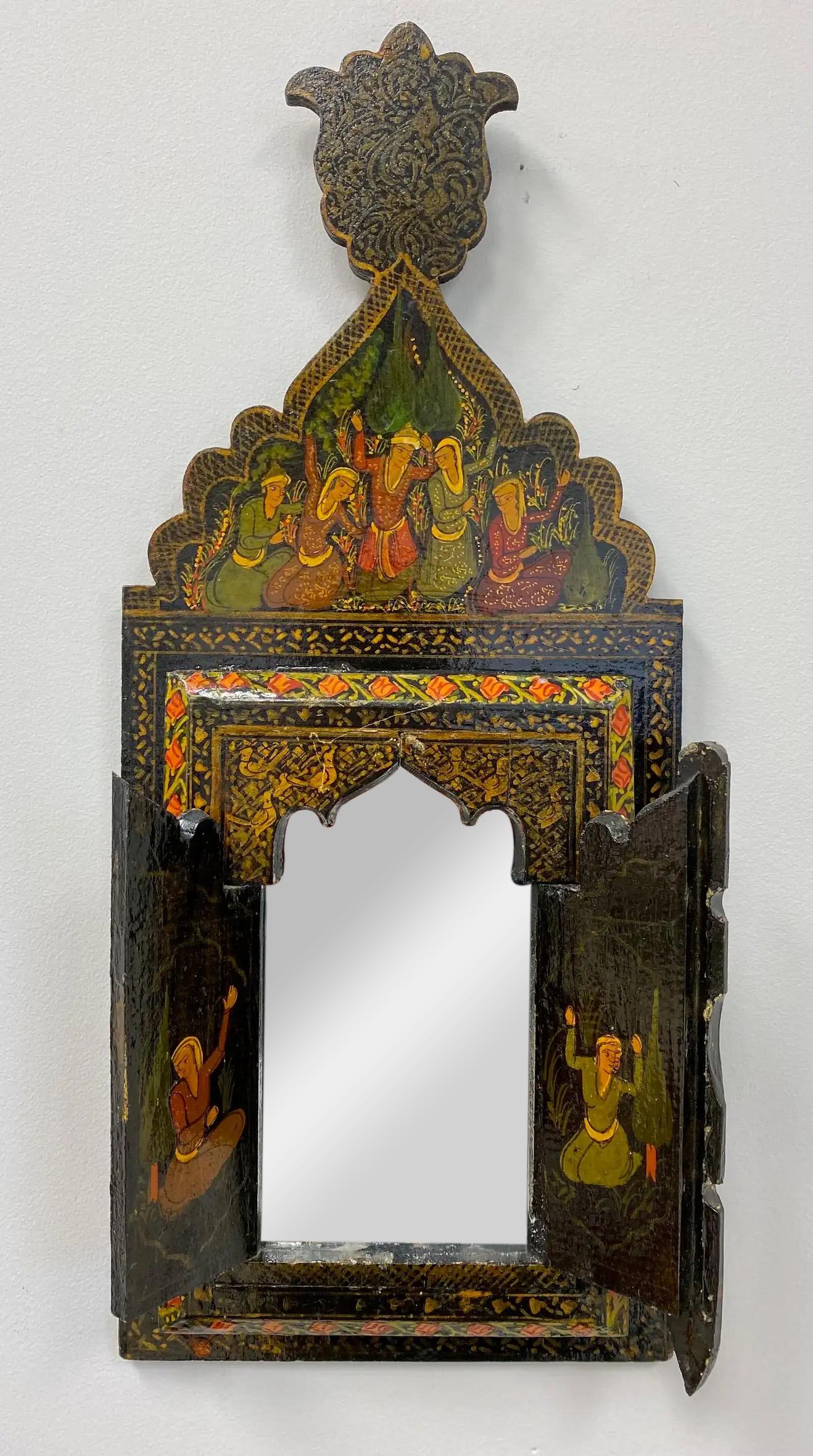 Antique Persian Qajar Wall Mirror Hand Painted with Two Doors 1