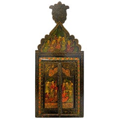 Antique Persian Qajar Wall Mirror Hand Painted with Two Doors