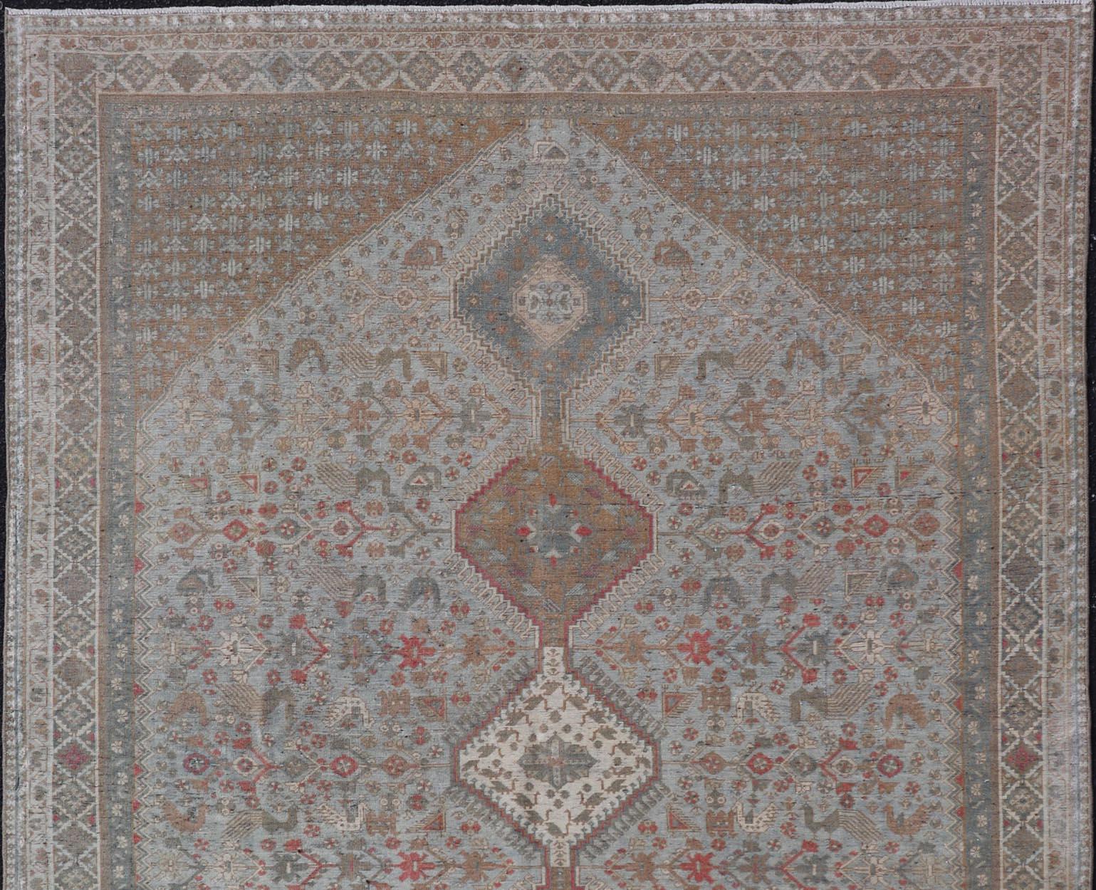 Hand-Knotted  Antique Persian Qashgai Tribal Rug with stacked  diamond medallions and tribal  For Sale