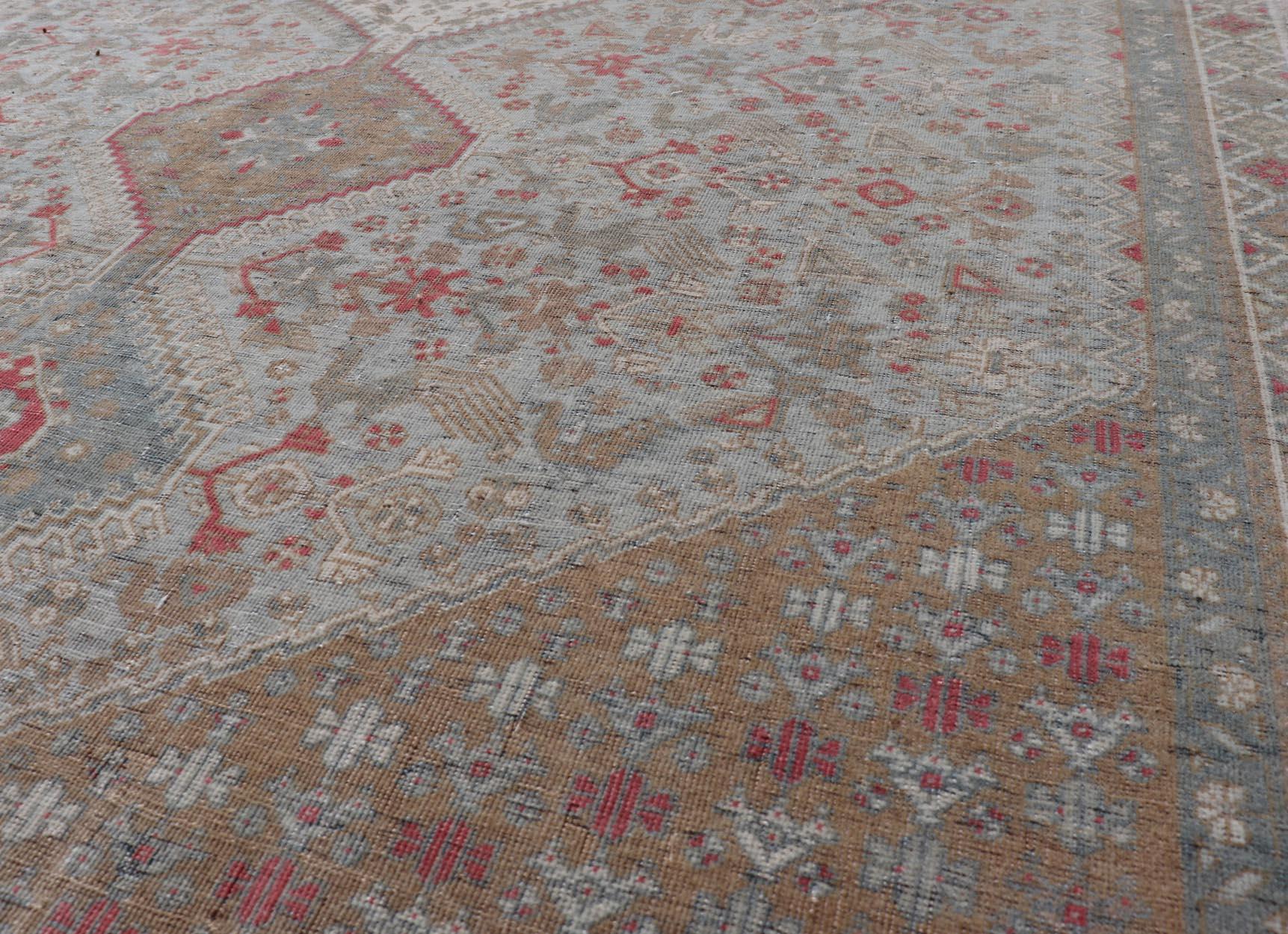Wool  Antique Persian Qashgai Tribal Rug with stacked  diamond medallions and tribal  For Sale