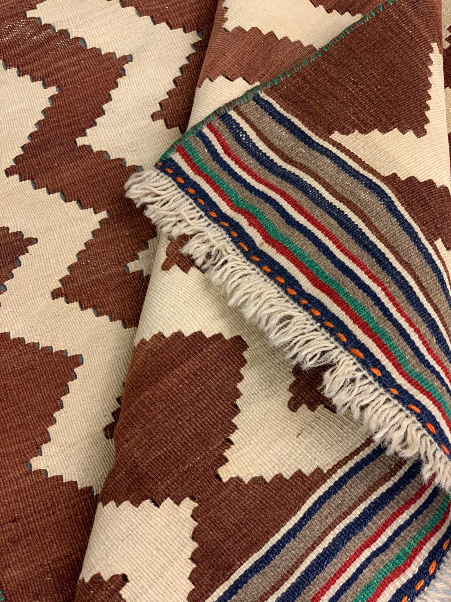 Art Deco Antique Qashqai Kilim, Brown Rug Wool Striped Zig Zag Pattern Kelim For Sale