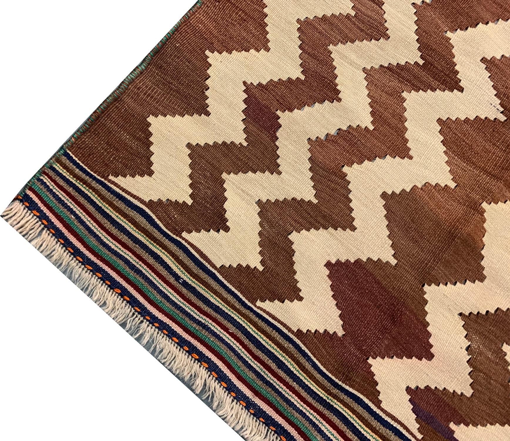 Persian Antique Qashqai Kilim, Brown Rug Wool Striped Zig Zag Pattern Kelim For Sale