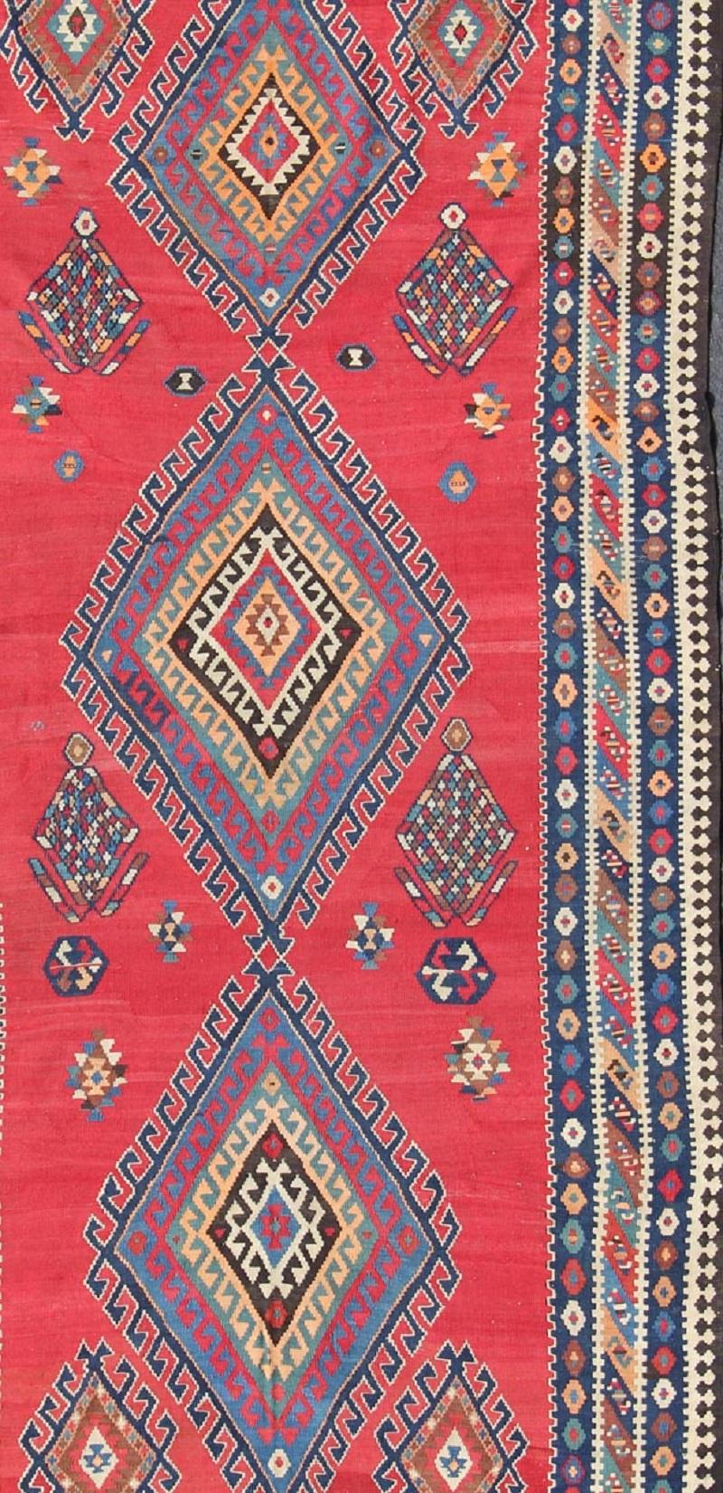 Hand-Knotted Antique Persian Qashqai Kilim Gallery Rug with Geometric Diamond Design For Sale