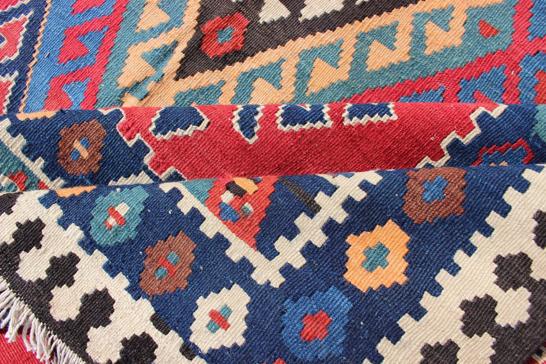 Wool Antique Persian Qashqai Kilim Gallery Rug with Geometric Diamond Design For Sale