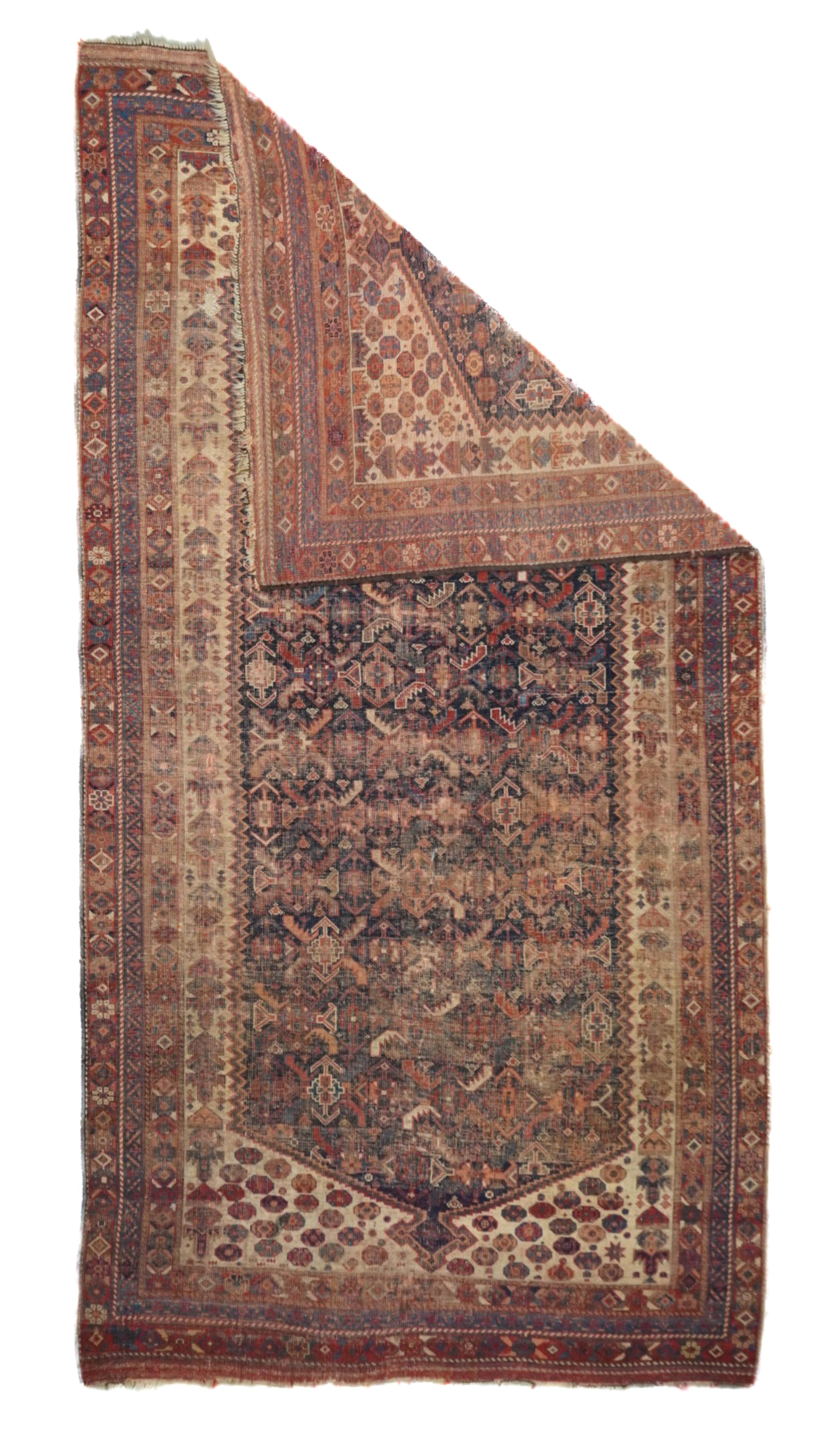 Antique Persian Qashqai Rug 4'6'' x 8'4''. Although now significantly worn, this tribal scatter shows a central stretched slate panel with a repeating characteristic Basiri tribal pattern. Zig-zag sides. Ecru eggshell field with small rosettes in