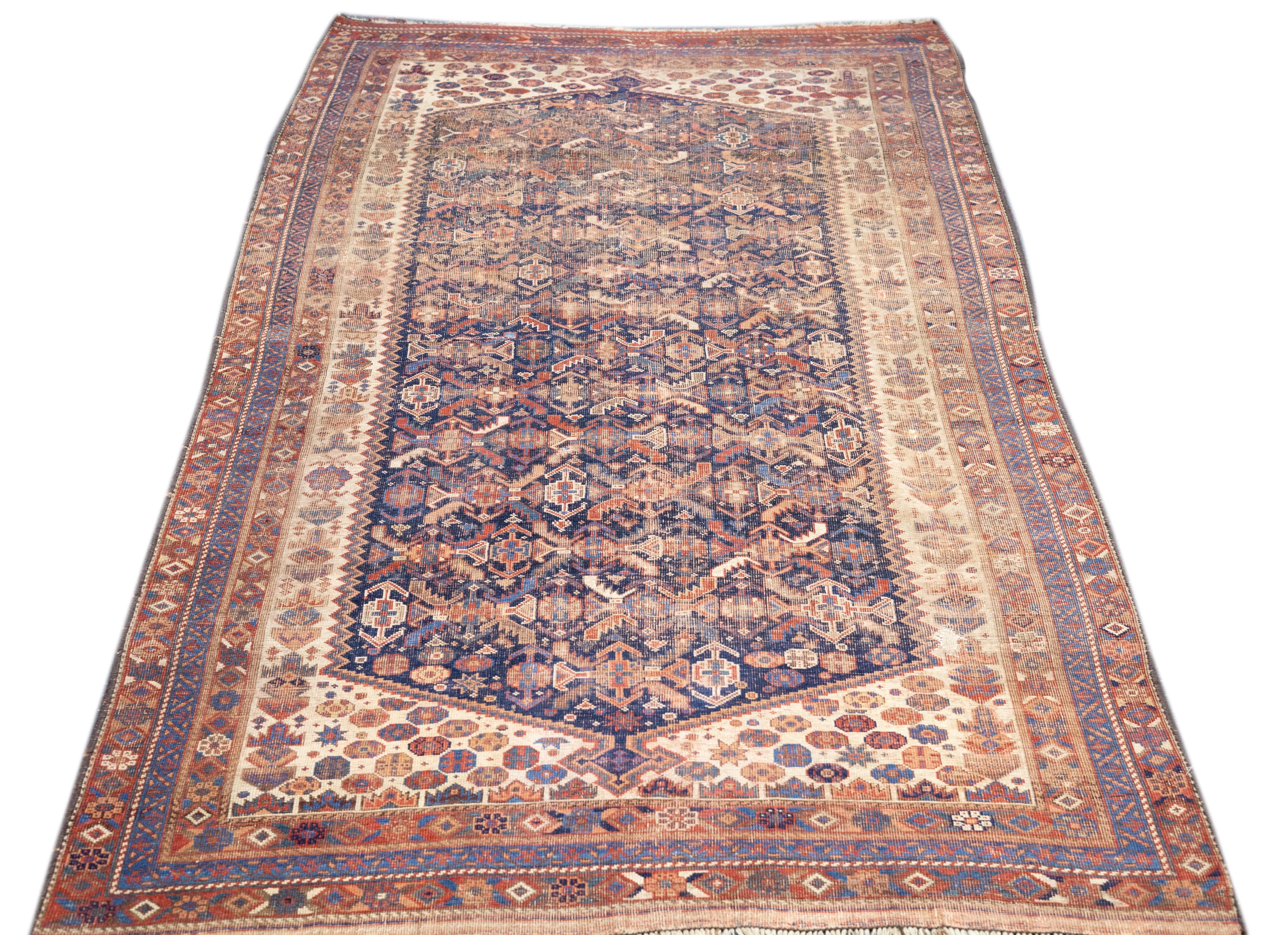 Antique Persian Qashqai Rug 4'6'' x 8'4'' In Fair Condition For Sale In New York, NY