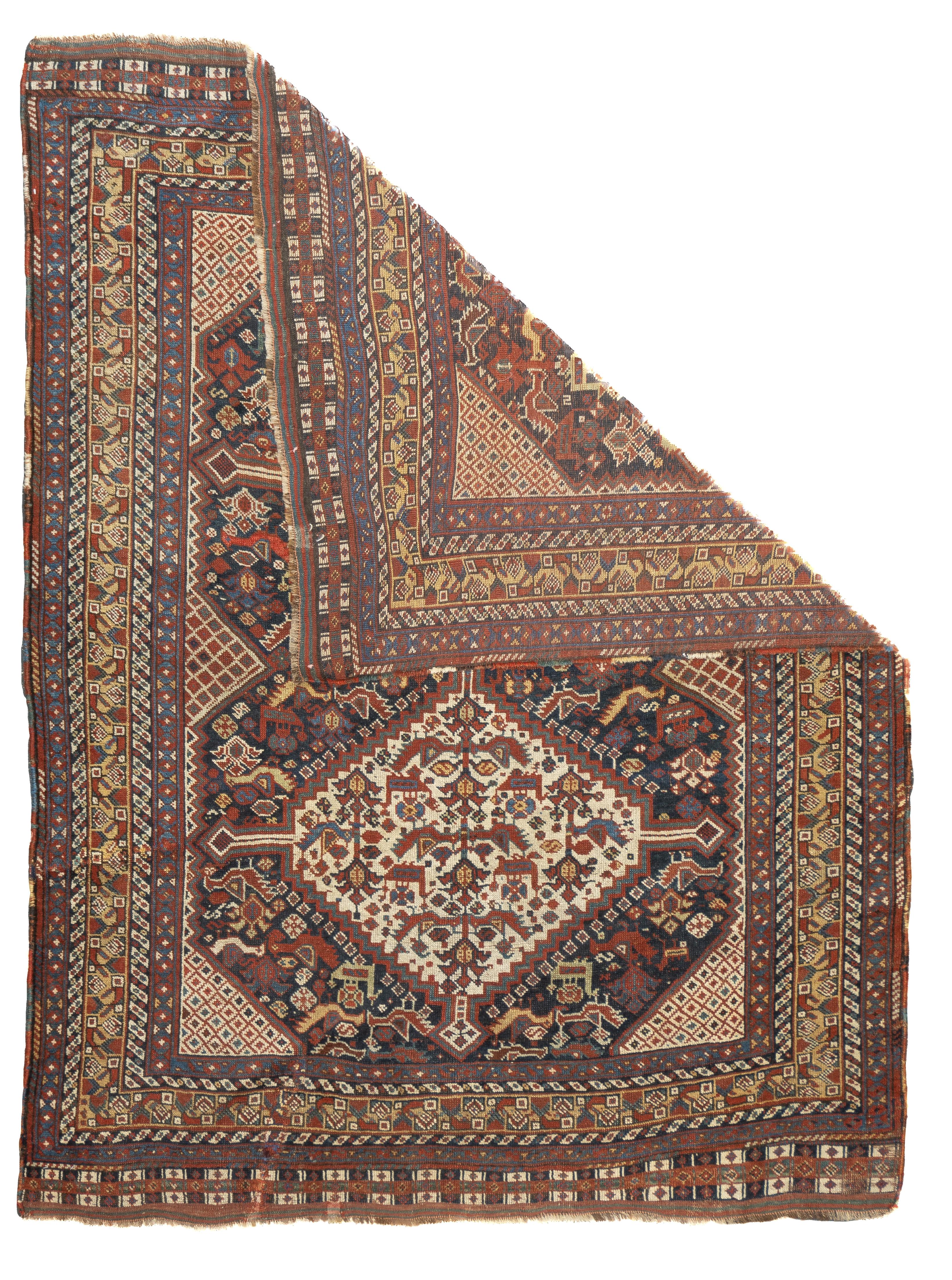Antique Persian Qashqai Rug 4'9'' x 6'4''. The best SW Persian, Fars Province nomadic rugs, mostly in scatter formats. Geometric Gabbehs, lion rugs, adapted Persian curvilinear styles. Some well-woven prayer rugs. All-wool constructions. Geometric