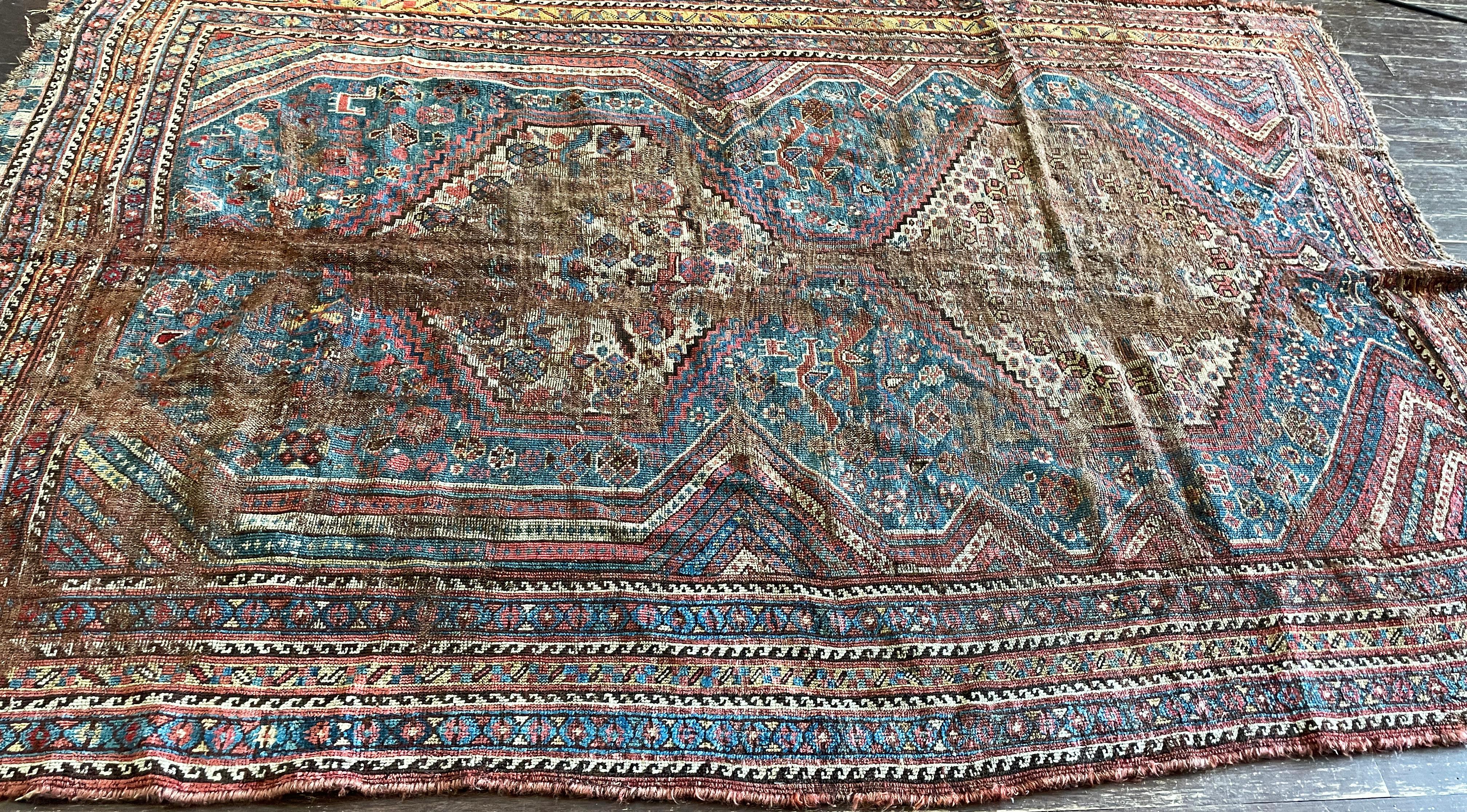 19th Century Antique Persian Qashqai Rug, As Is