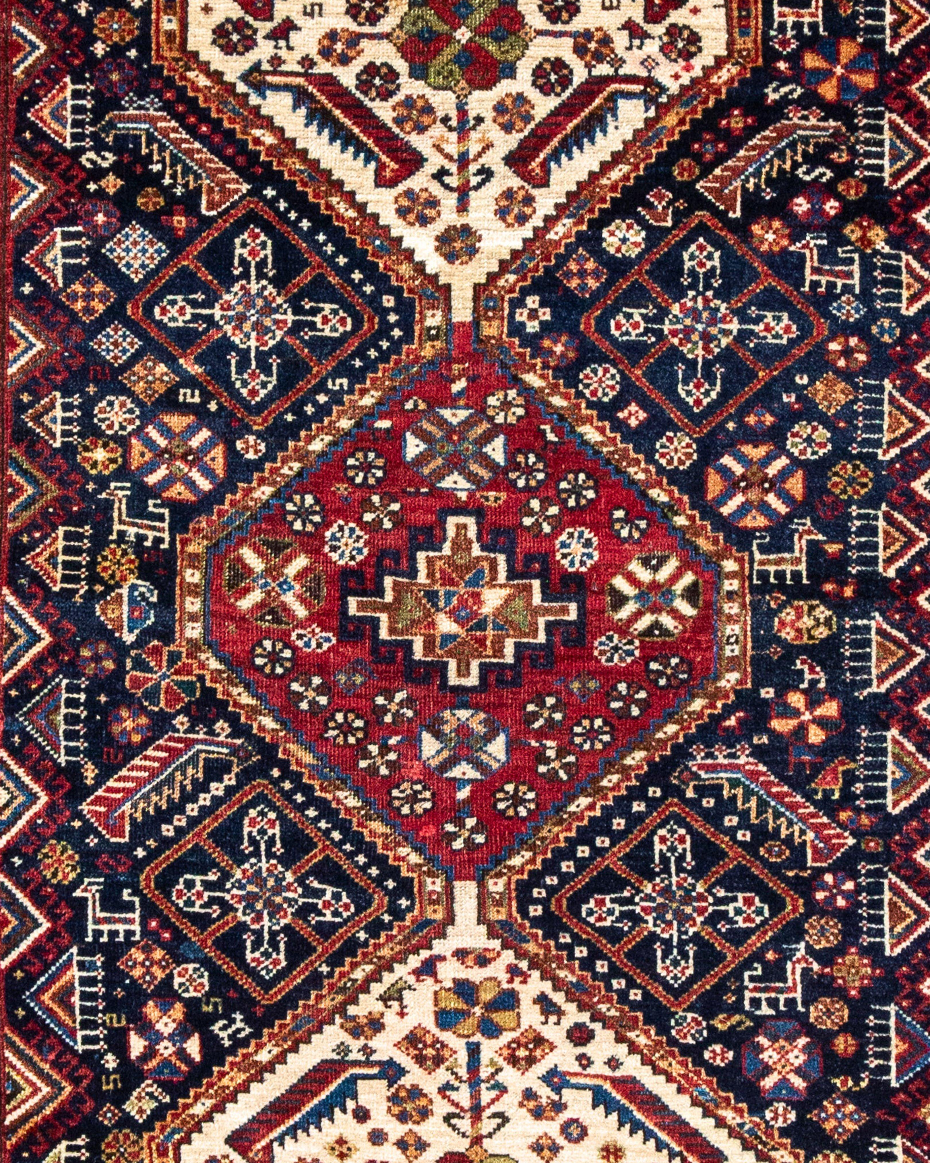 Antique Southwest Persian Qashqai Rug, c. 1900

Very good condition. Only a slight thinning of the pile in the center medallion. Gorgeous glossy wool. Complete original ends and selvedges.

Additional Information:
Dimensions: 4'0