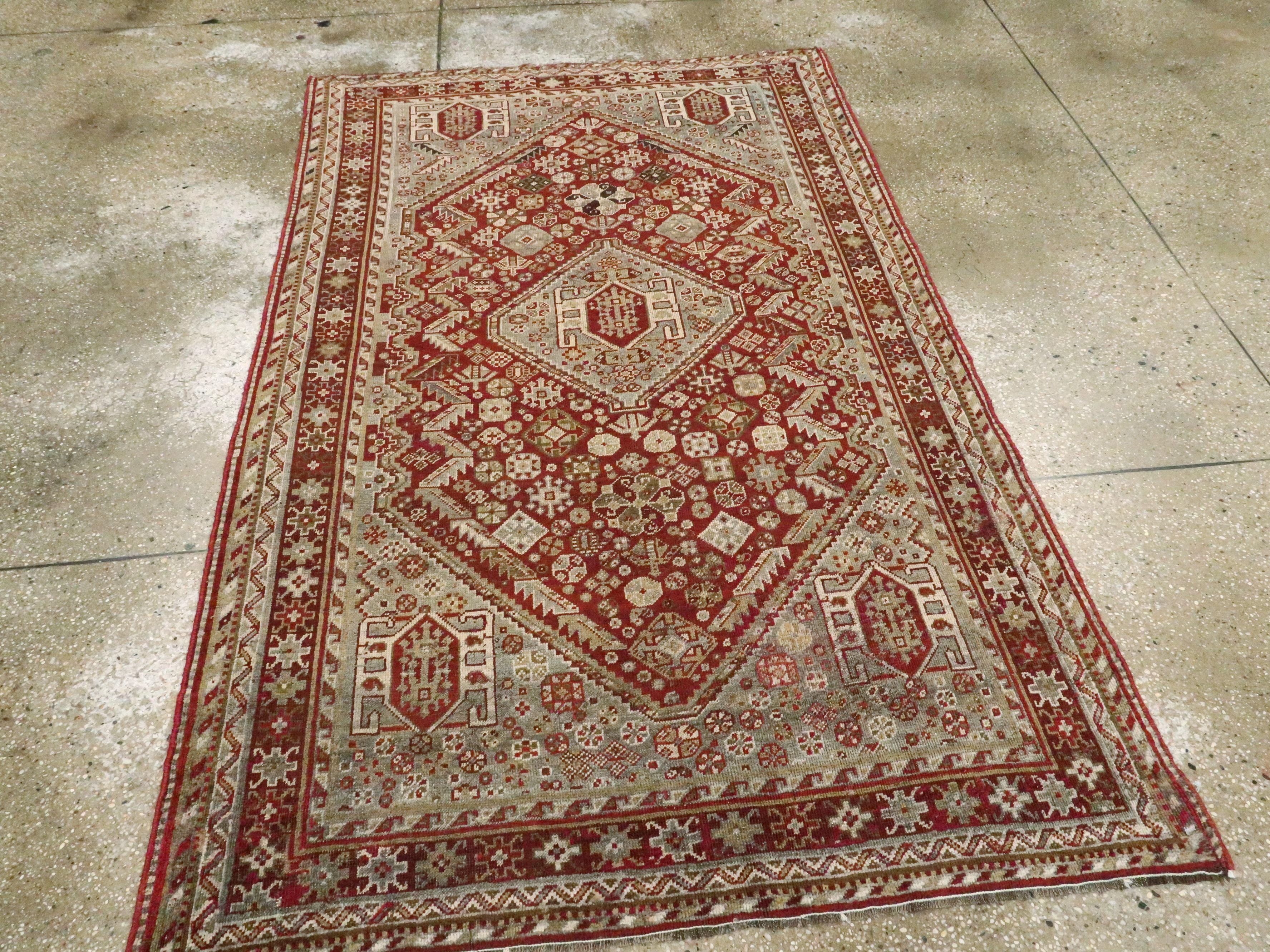 Hand-Knotted Antique Persian Qashqai Rug For Sale