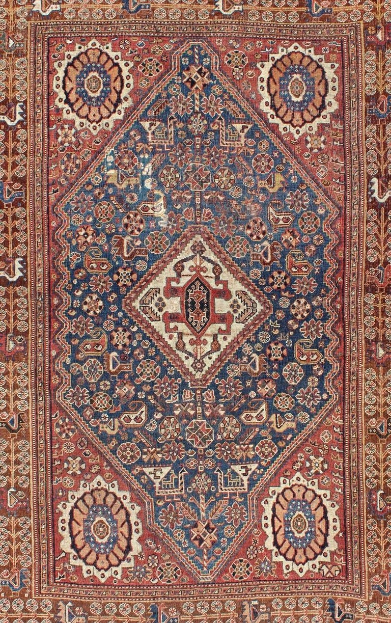 Antique Persian Qashqai Rug with Central Medallion in Ink Blue and