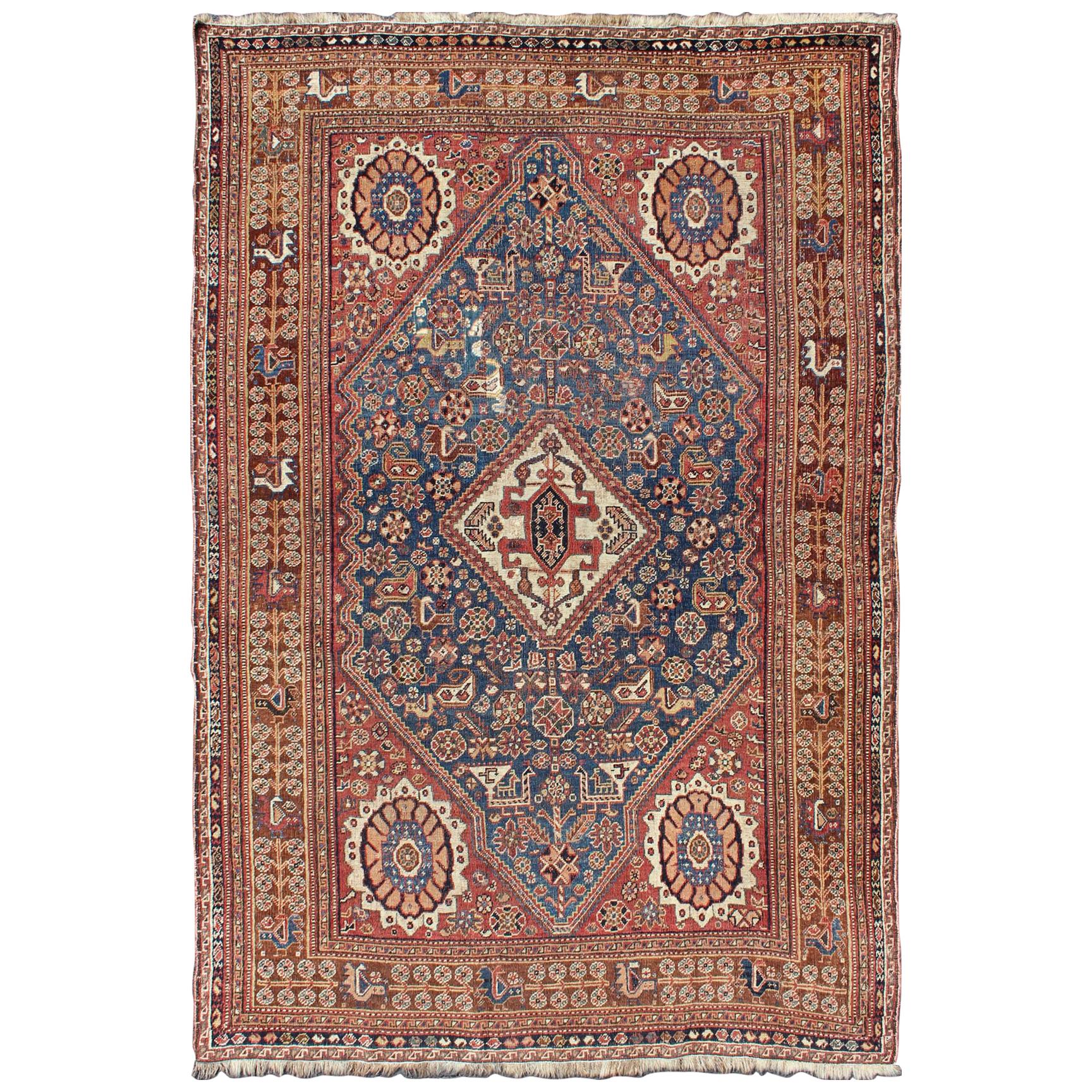 Antique Persian Qashqai Rug with Central Medallion in Ink Blue and Faded Red