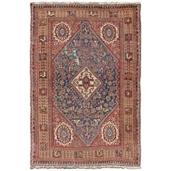 Antique Persian Qashqai Rug with Central Medallion in Ink Blue and Faded Red