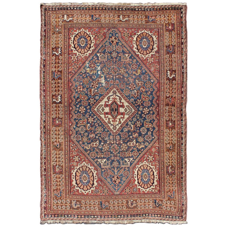 Antique Persian Qashqai Rug with Central Medallion in Ink Blue and