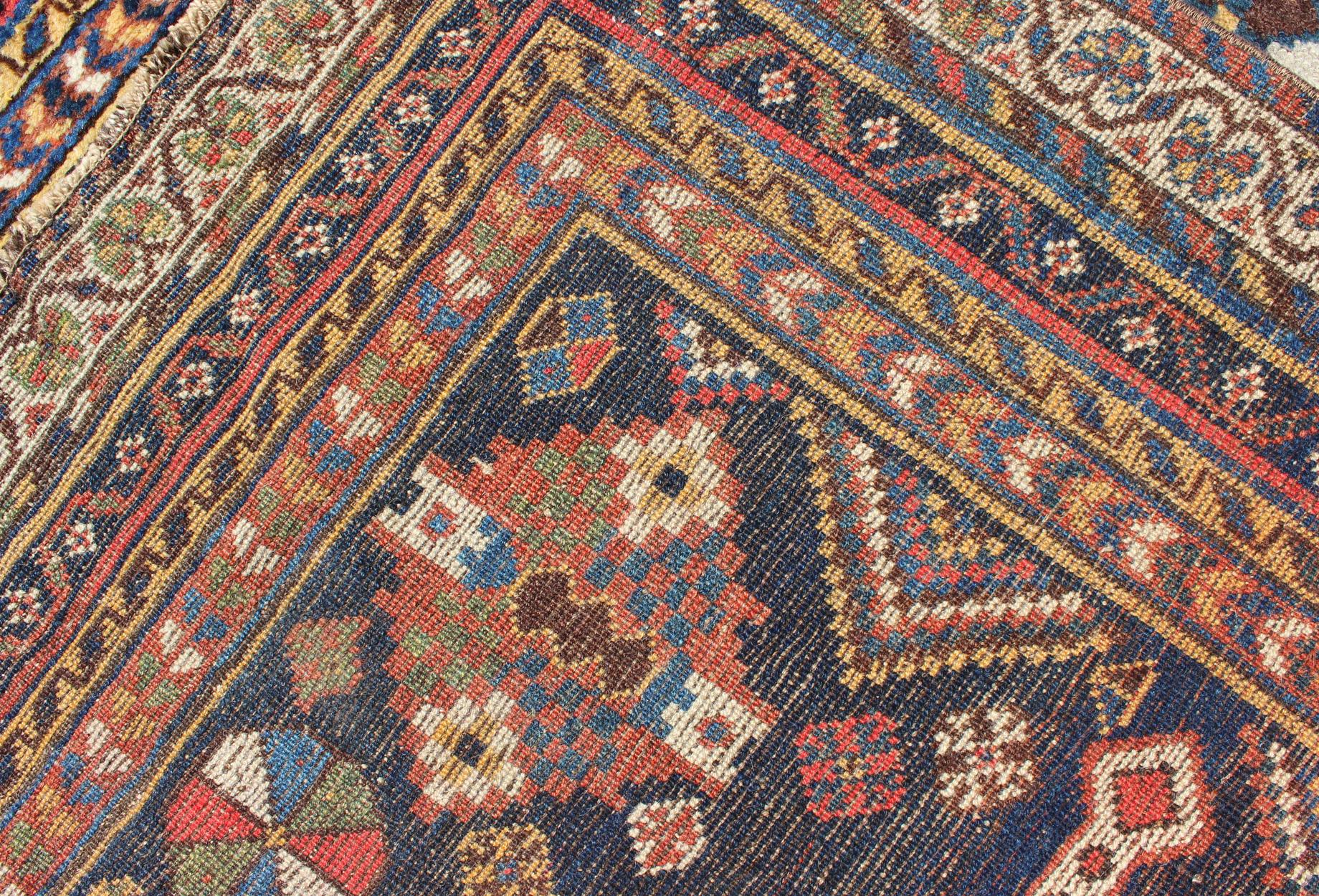 Antique Persian Qashqai Rug with Four-Medallion Design in Blue, Red, Brown Tones For Sale 4