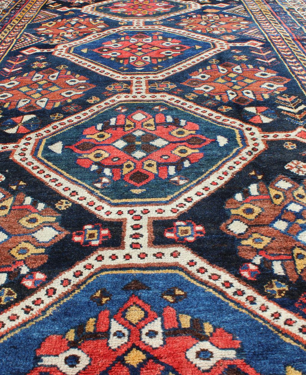 Antique Persian Qashqai Rug with Four-Medallion Design in Blue, Red, Brown Tones For Sale 2