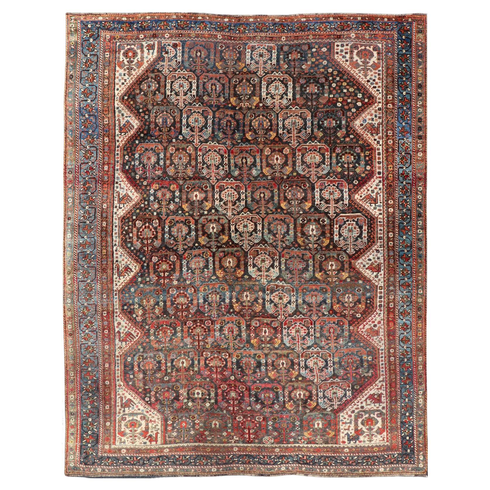 Antique Persian Qashqai Rug With Intricate Tribal Motifs 6'10"X9'3"