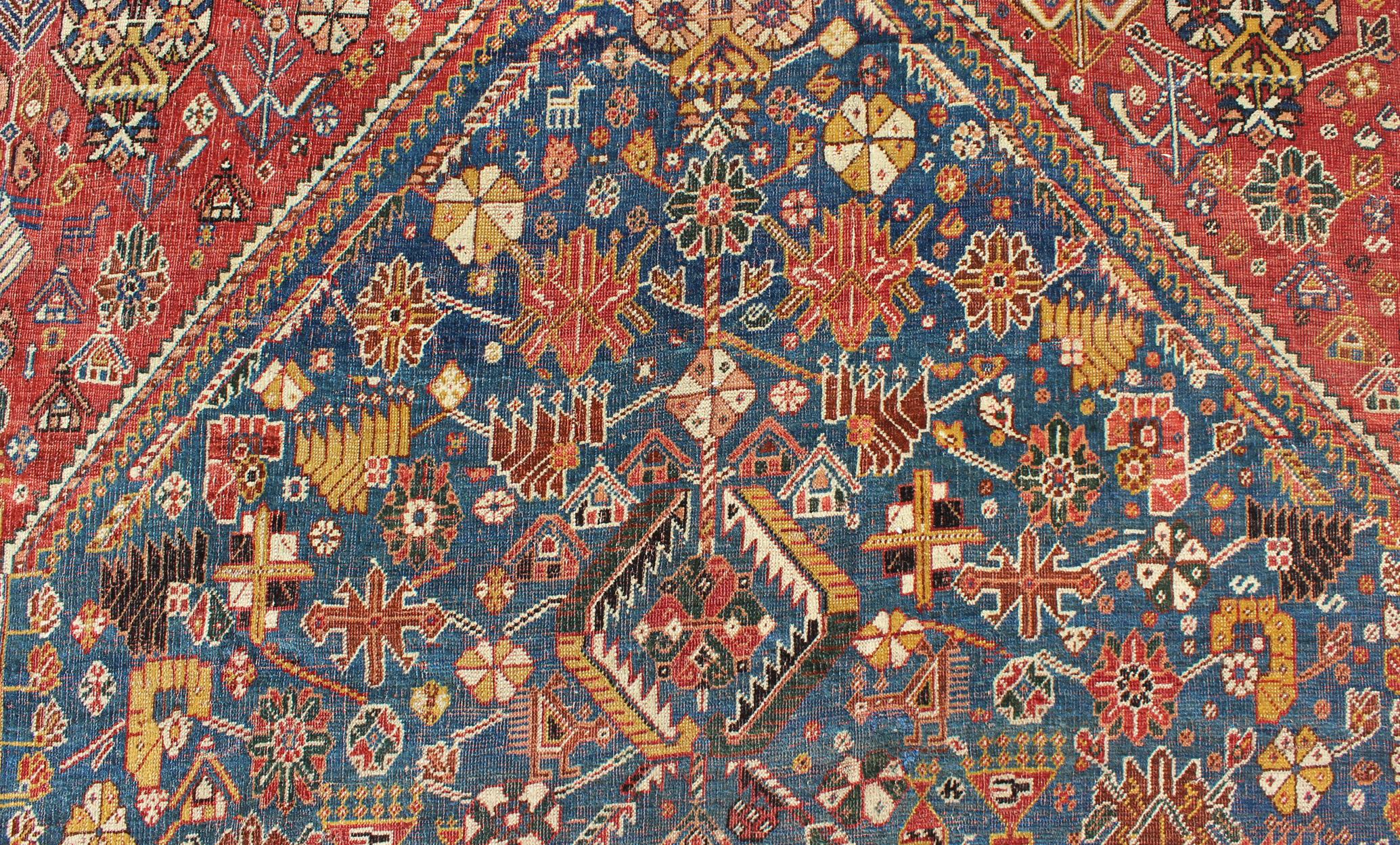 Antique Persian Qashqai Rug with Medallion Design in Rich Colors, Blue and Red 2