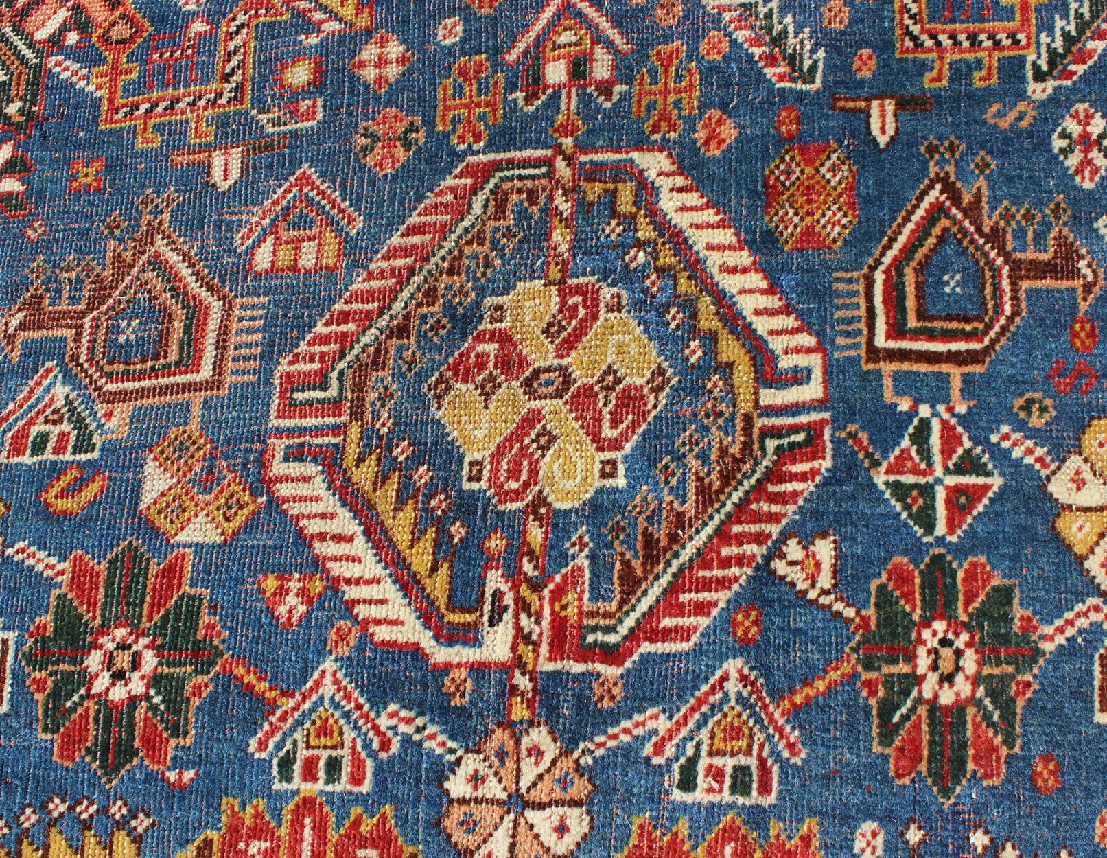 Antique Persian Qashqai Rug with Medallion Design in Rich Colors, Blue and Red 3