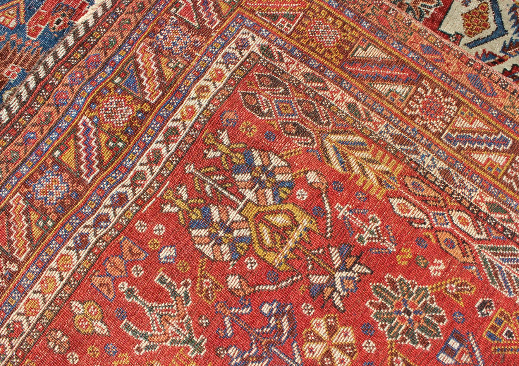 Antique Persian Qashqai Rug with Medallion Design in Rich Colors, Blue and Red 4