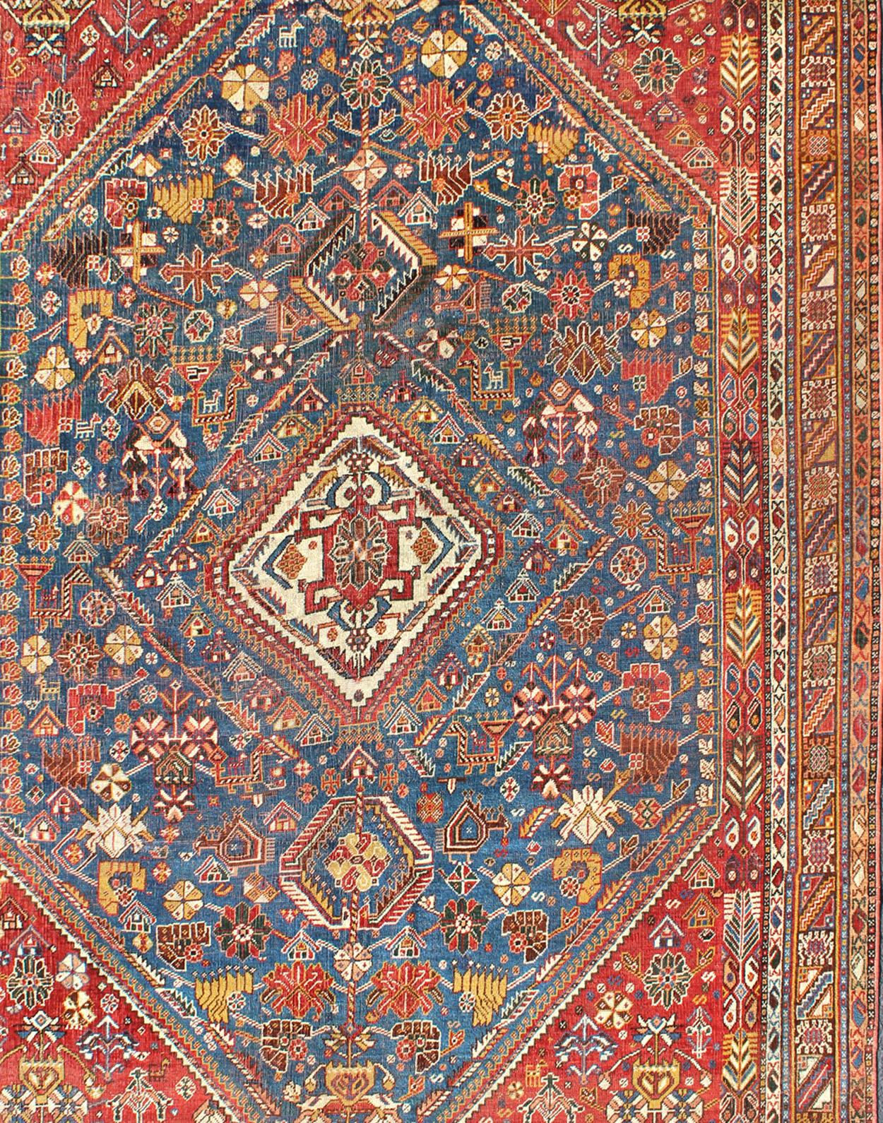 Tribal Antique Persian Qashqai Rug with Medallion Design in Rich Colors, Blue and Red