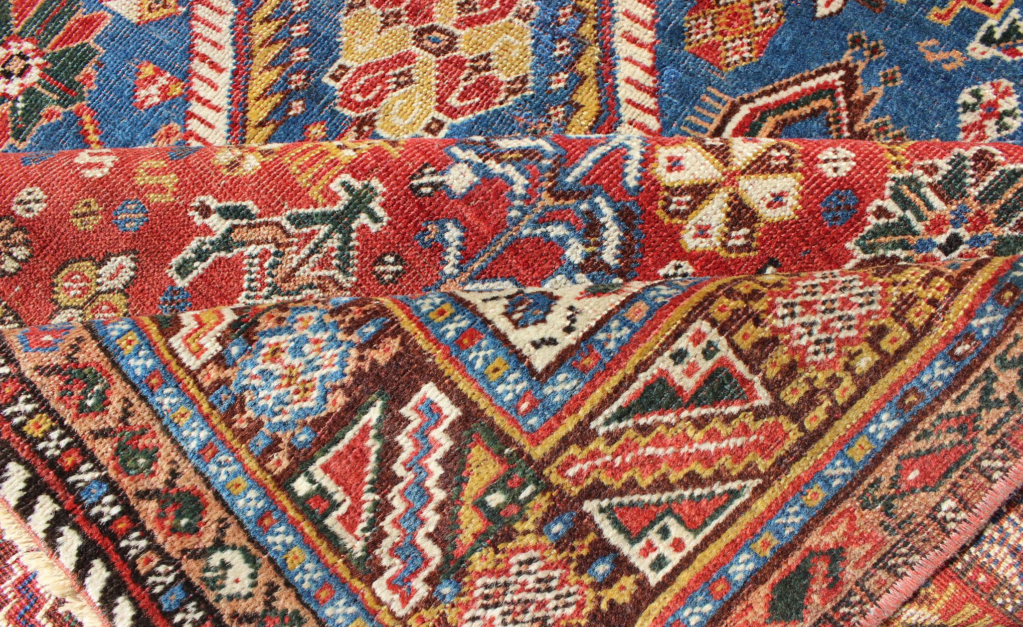 Hand-Knotted Antique Persian Qashqai Rug with Medallion Design in Rich Colors, Blue and Red