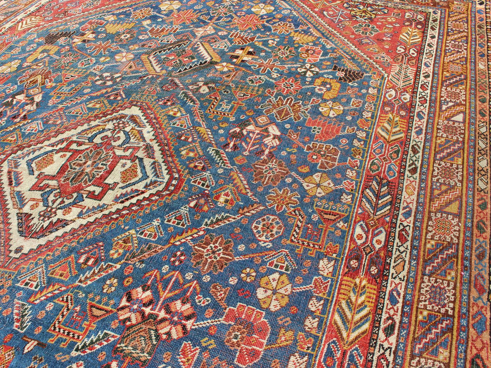 Antique Persian Qashqai Rug with Medallion Design in Rich Colors, Blue and Red In Excellent Condition In Atlanta, GA